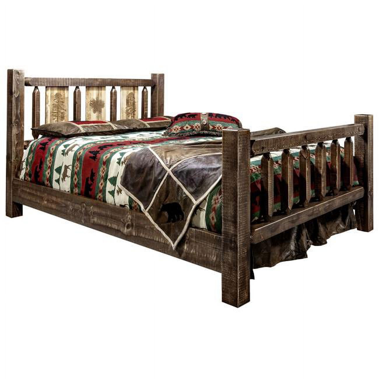 Homestead Collection Full Size Bed with Laser Engraved Pine Tree Design, Stain & Clear Lacquer Finish