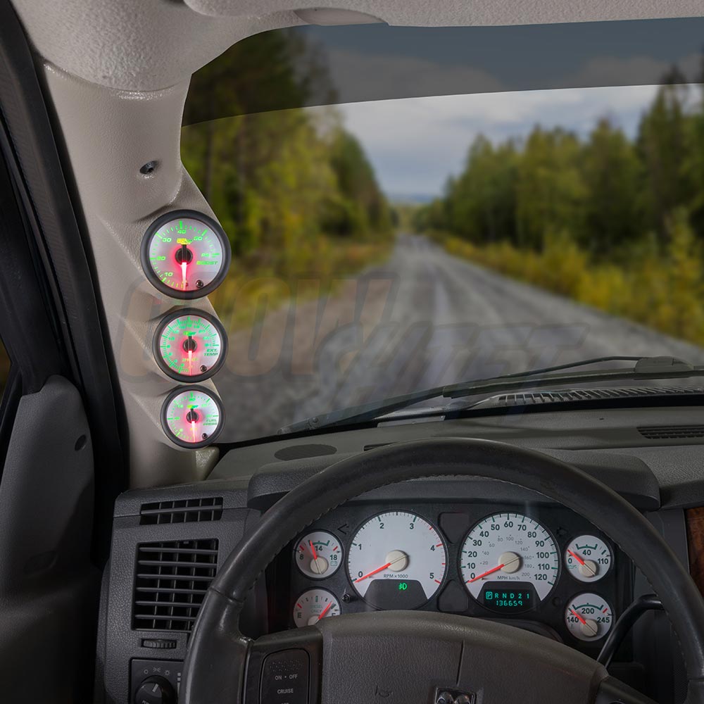 GlowShift 2003-2009 Dodge Ram Cummins Taupe Triple Gauge Package with White 7 Color DS20 Gauge Set