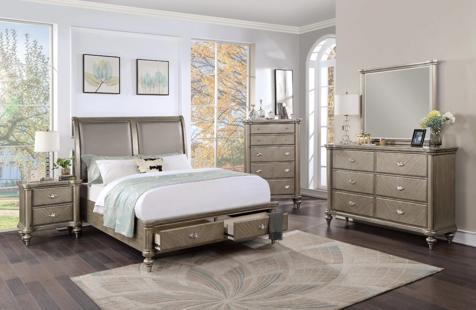 Bedroom Furniture 6pc Set Est King Size Bed w Storage Drawers FB Dresser Mirror Nightstands Chest Grey Wooden Classic HB FB