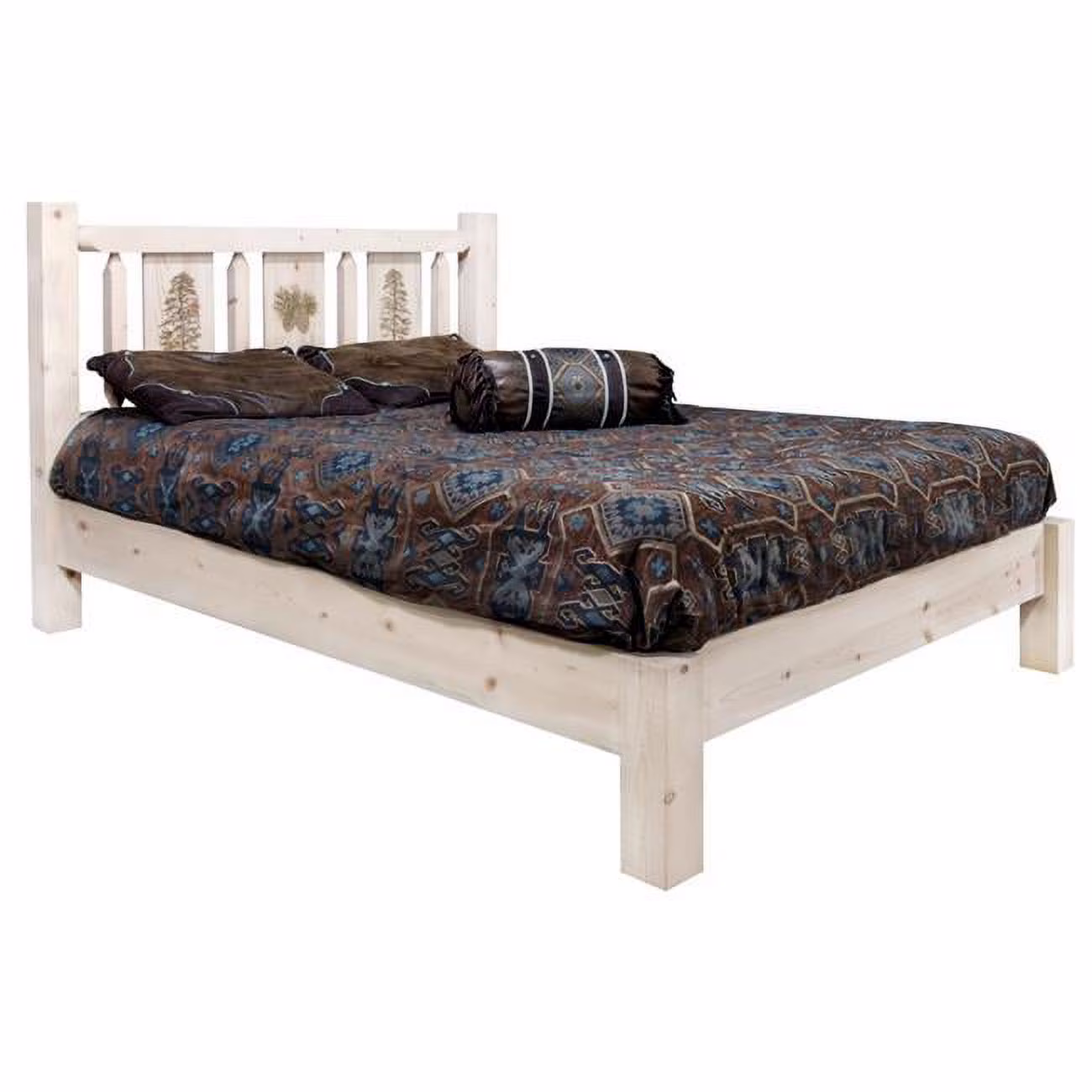 Homestead Collection Twin Size Platform Bed with Laser Engraved Pine Tree Design, Ready to Finish