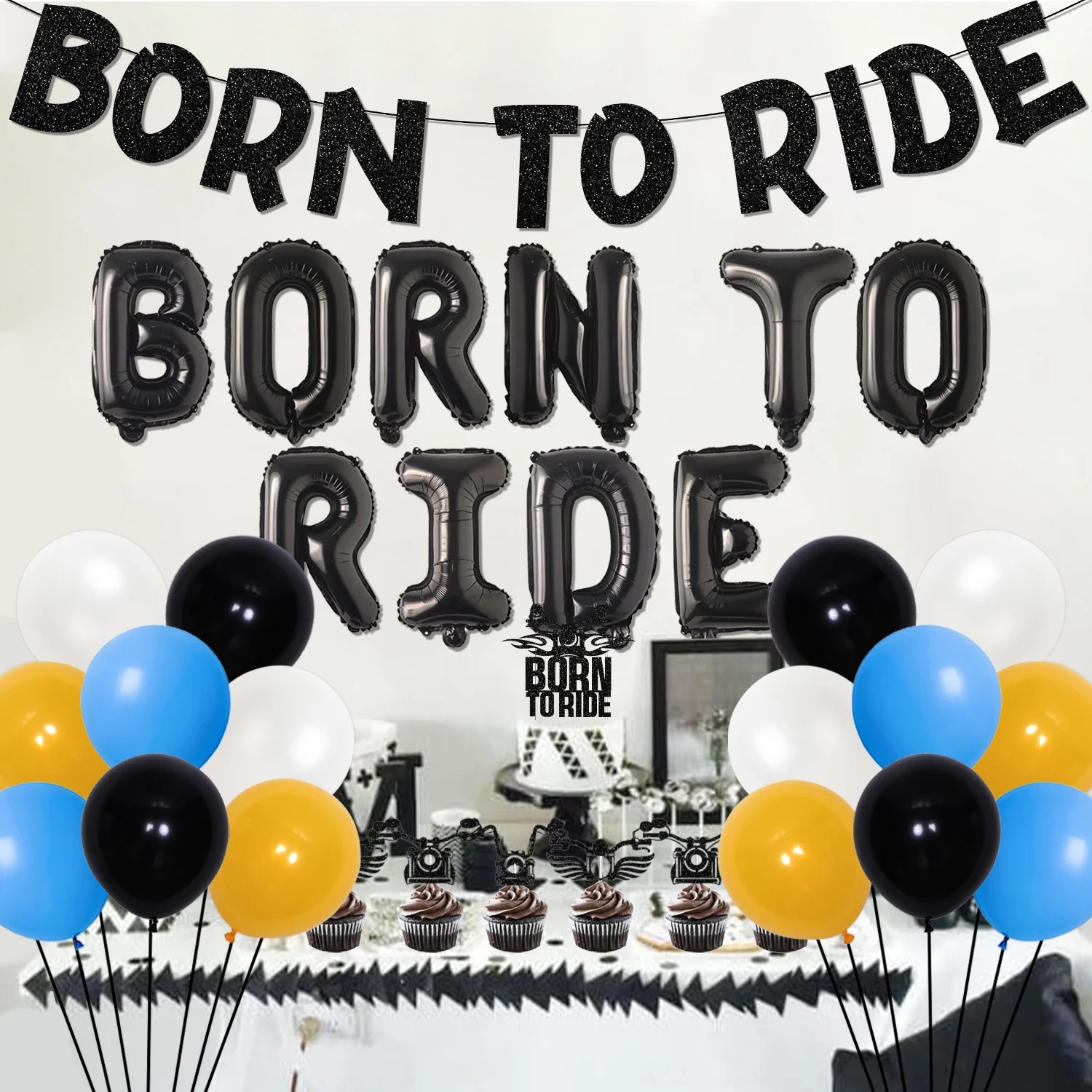 Dirt Bike Birthday Party Decoration for Boys, Motocross Racing Party Supplies with Born To Ride Balloon Banner Cupcake & Cake Topper, Yellow Blue Balloon Garland Arch Kit for Motorcycle Birthday Party