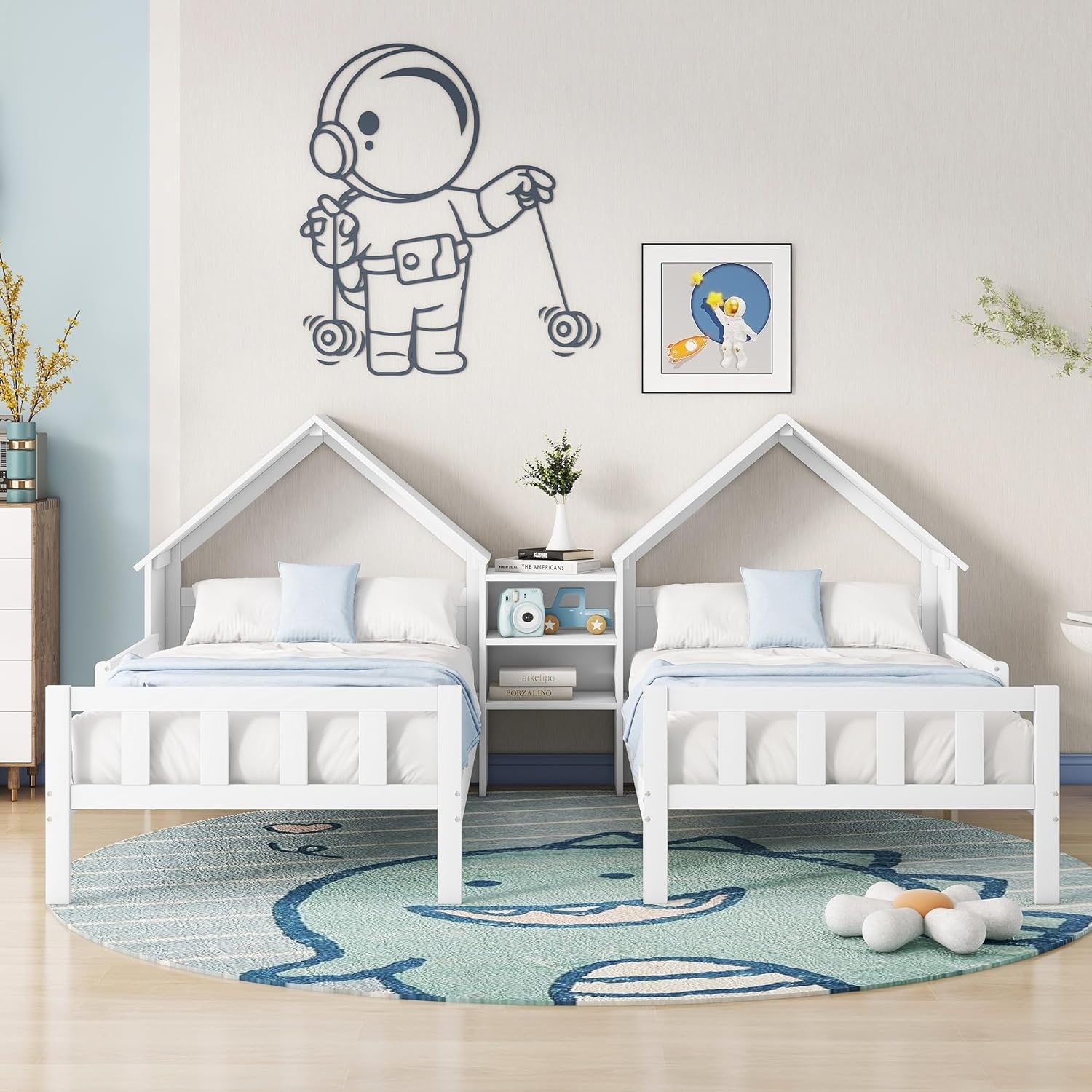 Double Bed Frames For Kids,Wood Double House Bed With House-Shaped Headboard And A Built-In Nightstand, Side By Side Montessori Bed For Kids Girls Boys,White