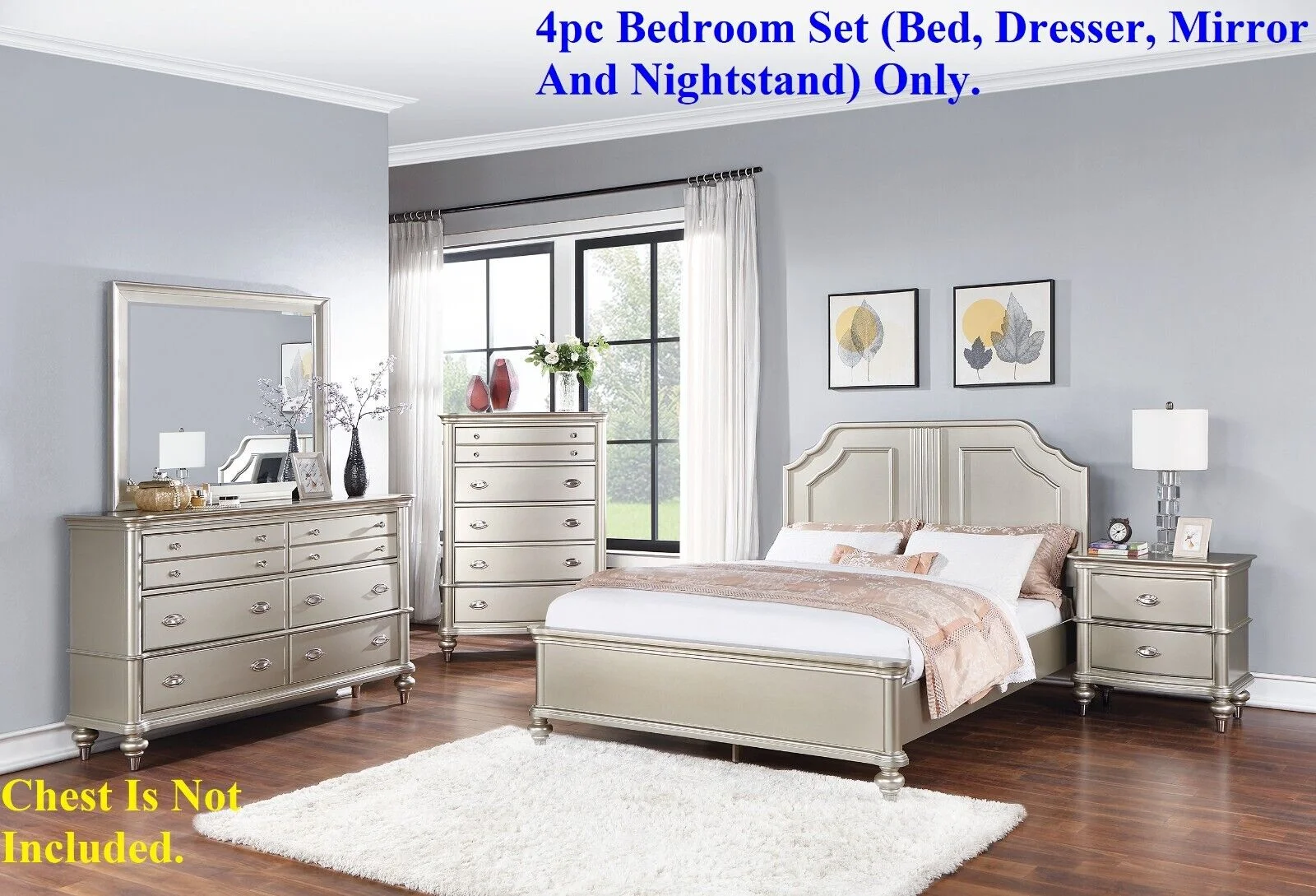 Classic Elegant 4pc Bedroom Set Satin Finished Silver Queen Size Bed Dresser Mirror Nightstand Furniture