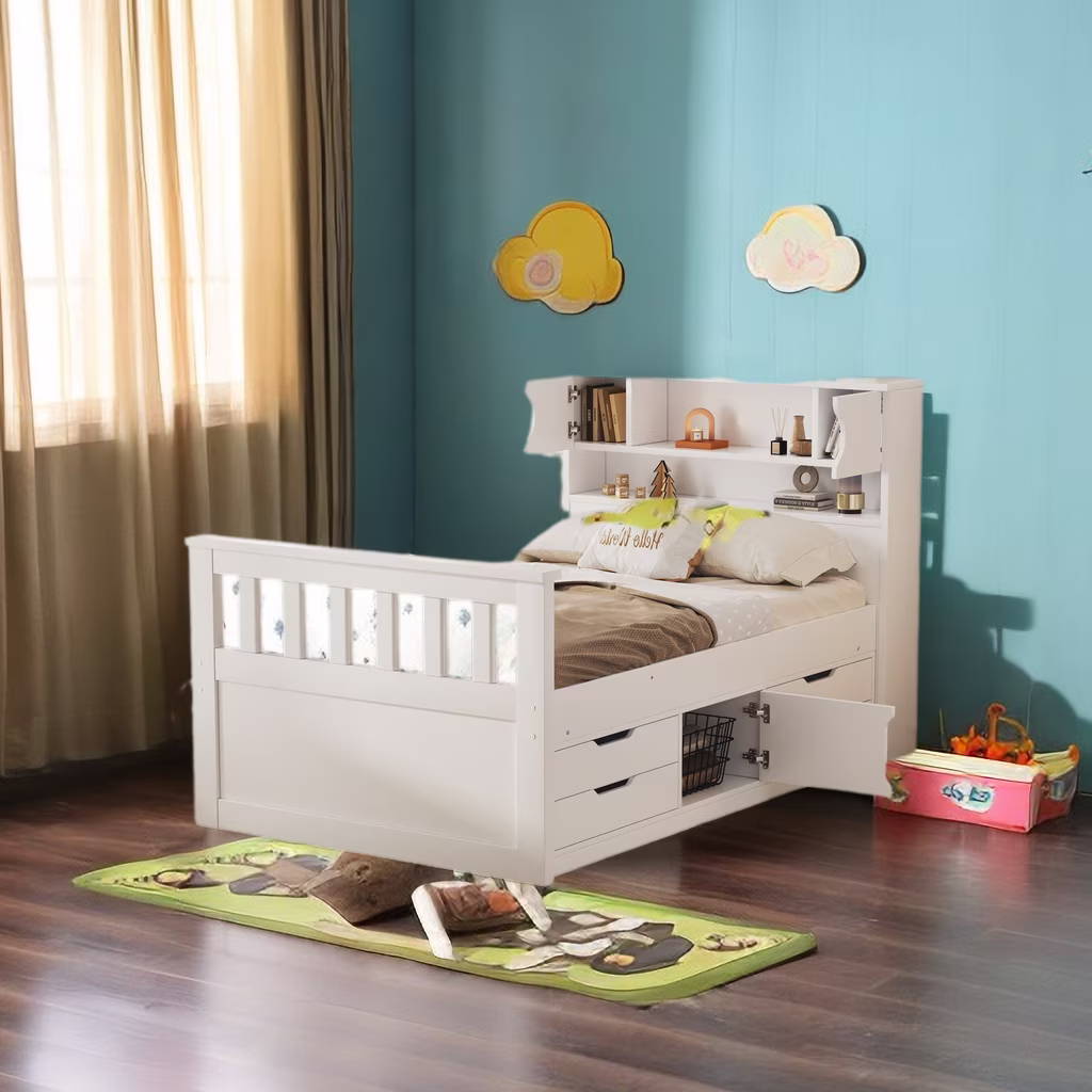 Twin Size Captain Platform Bed with Storage Bookcases and Shelves, Solid Wood Platform Bed Frame with 4 Drawers and a Cabinet, Sturdy Slat Support