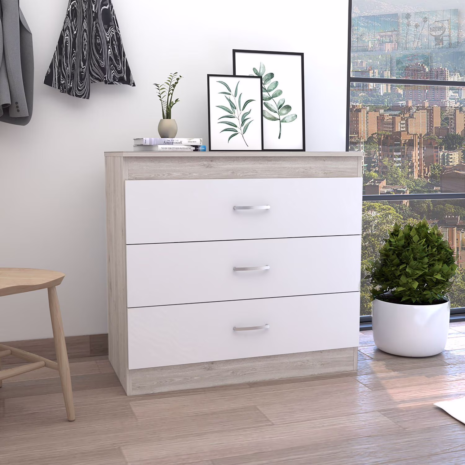 Depot E-Shop DE-CZB6467 Zurich Three Drawers Dresser, Light Gray & White