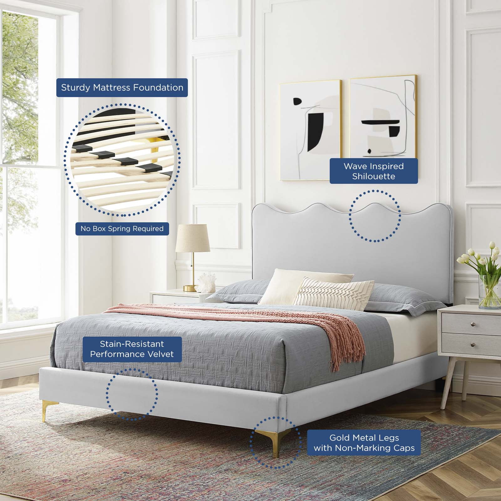 Platform Bed Frame, Twin Size, Grey Gray, Velvet, Modern Contemporary, Bedroom Master Guest Suite Room