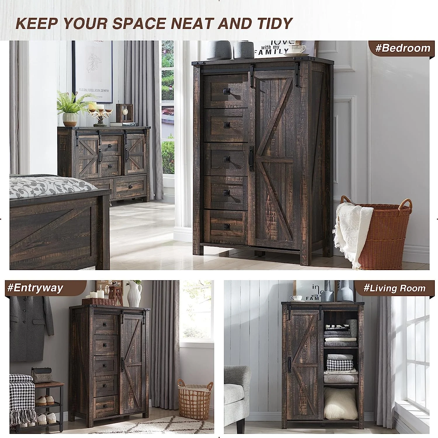 OKD Dresser for Bedroom with 5 Drawers and Barn Door and Shelf, Farmhouse Modern Storage Cabinet Organizer Unit for Bedroom Entryway Living Room, Dark Rustic Oak