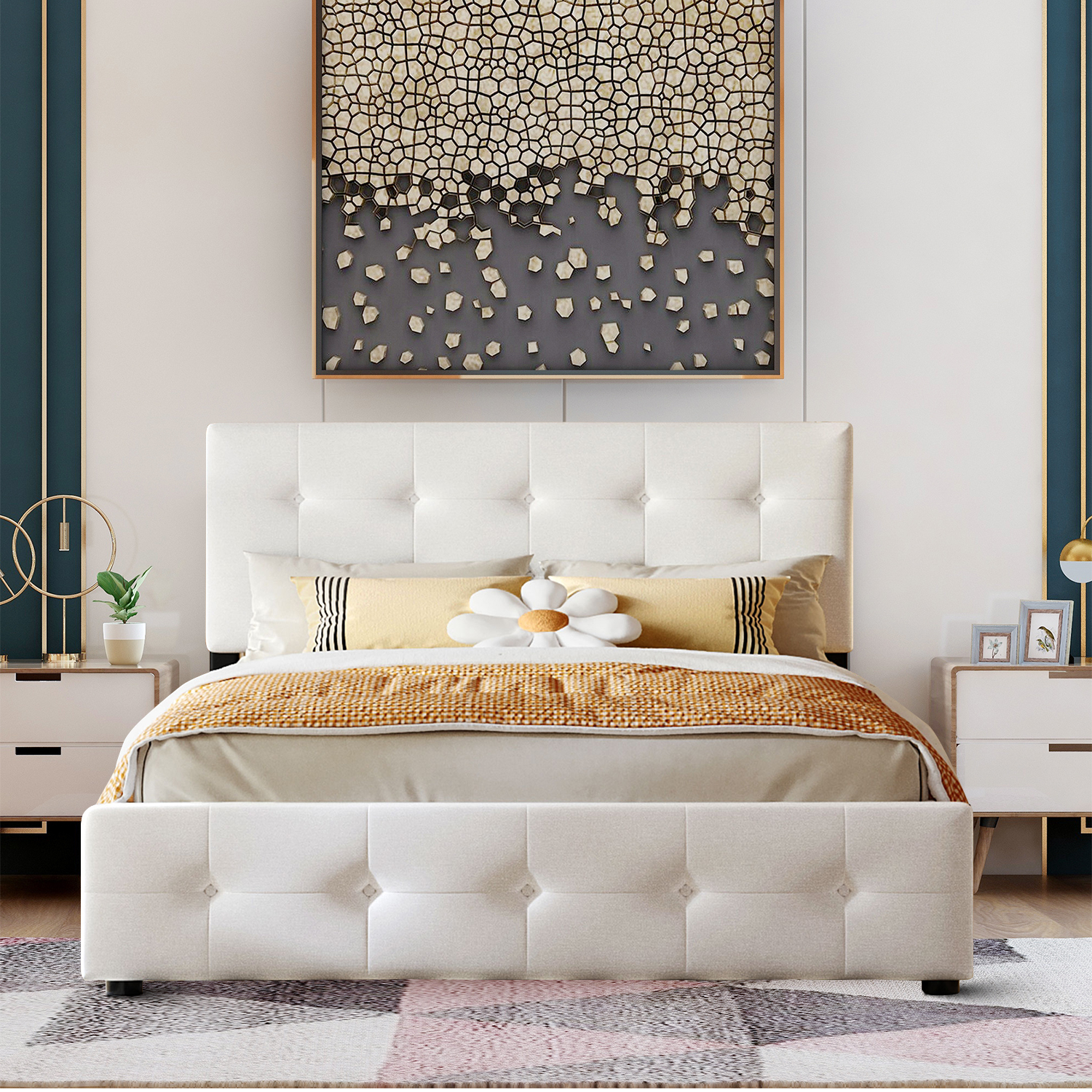 Classical Queen Size Linen Fabric Upholstered Platform Bed with Four Drawers and Tufted Headboard, White