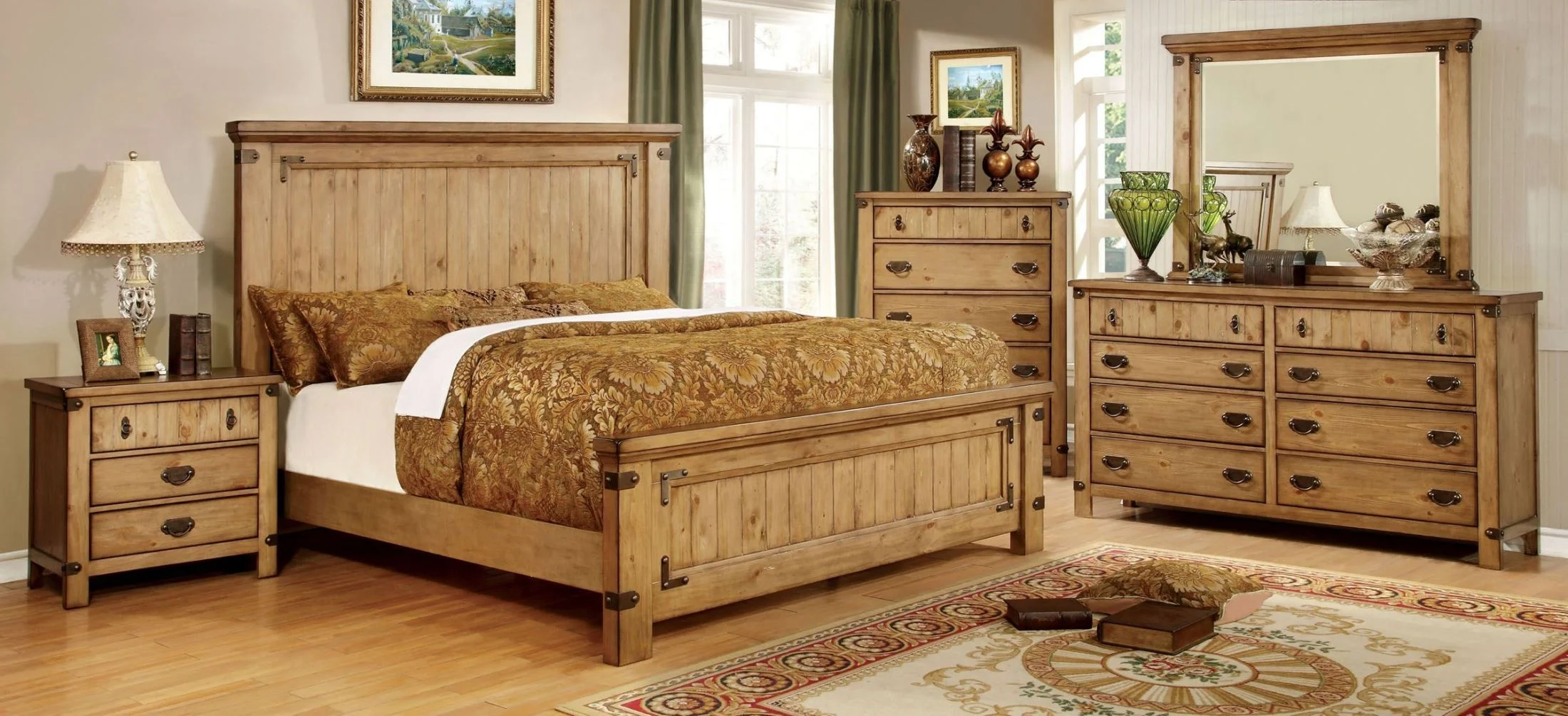 Classic Bedroom Furniture 4pc Bedroom Set Eastern King Size Bed Dresser Mirror Nightstand Weathered Finish Solid wood