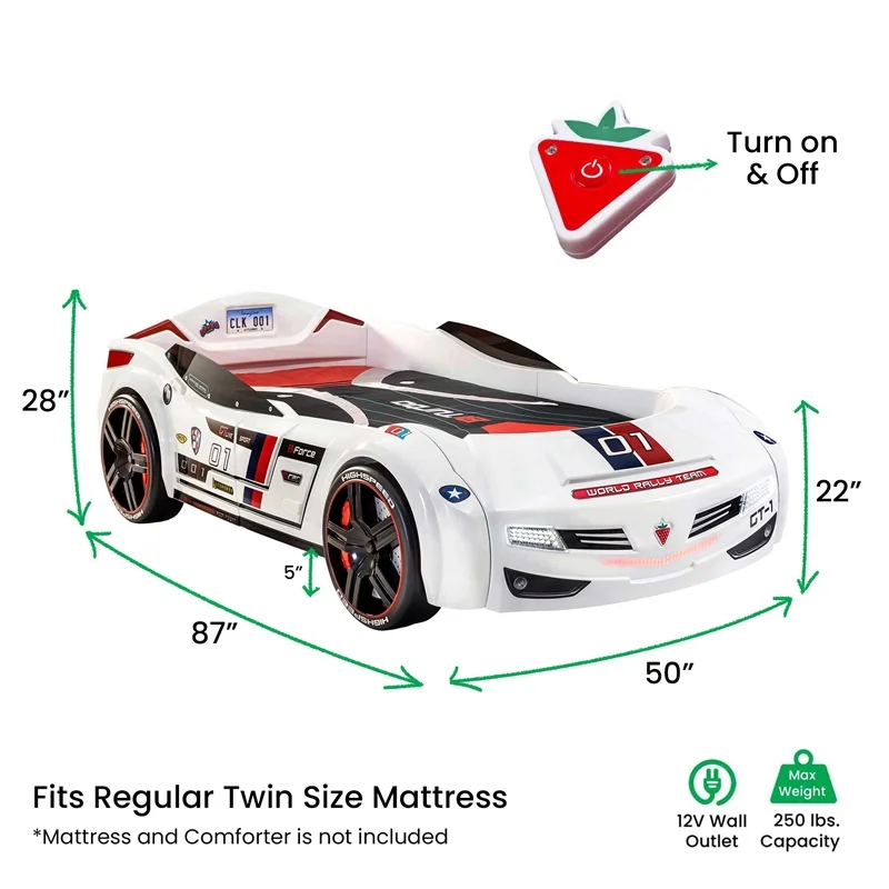 Cilek Kids Room GTS Biturbo Remote Control Wood Twin Race Car Bed in White