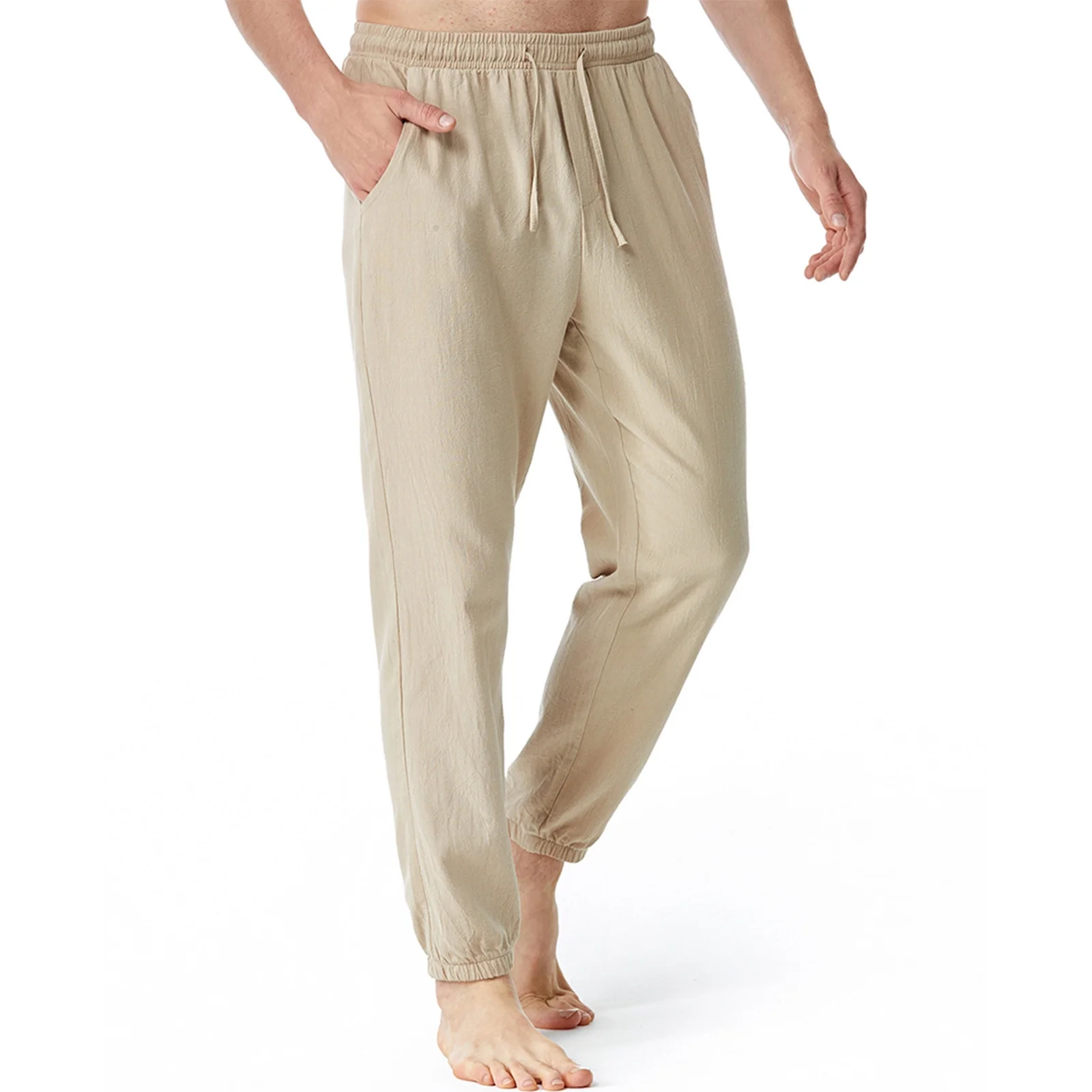 Guzom Mens Chinos Pants- Casual Drawstring Elasticated Waist Relaxed Fit Joggers Pants Khaki