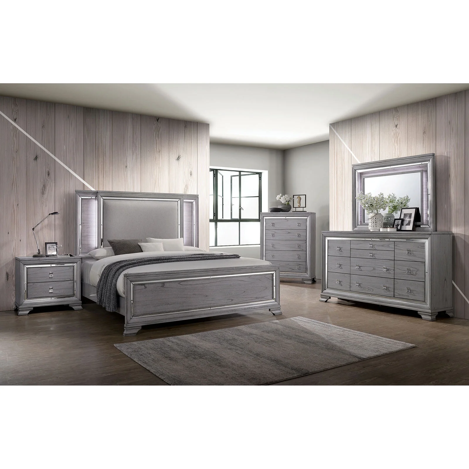 Contemporary Style Gray Color Finish Fabric Bedroom Furniture 4pc Queen Size Set Solid wood Dresser Nightstand Mirror