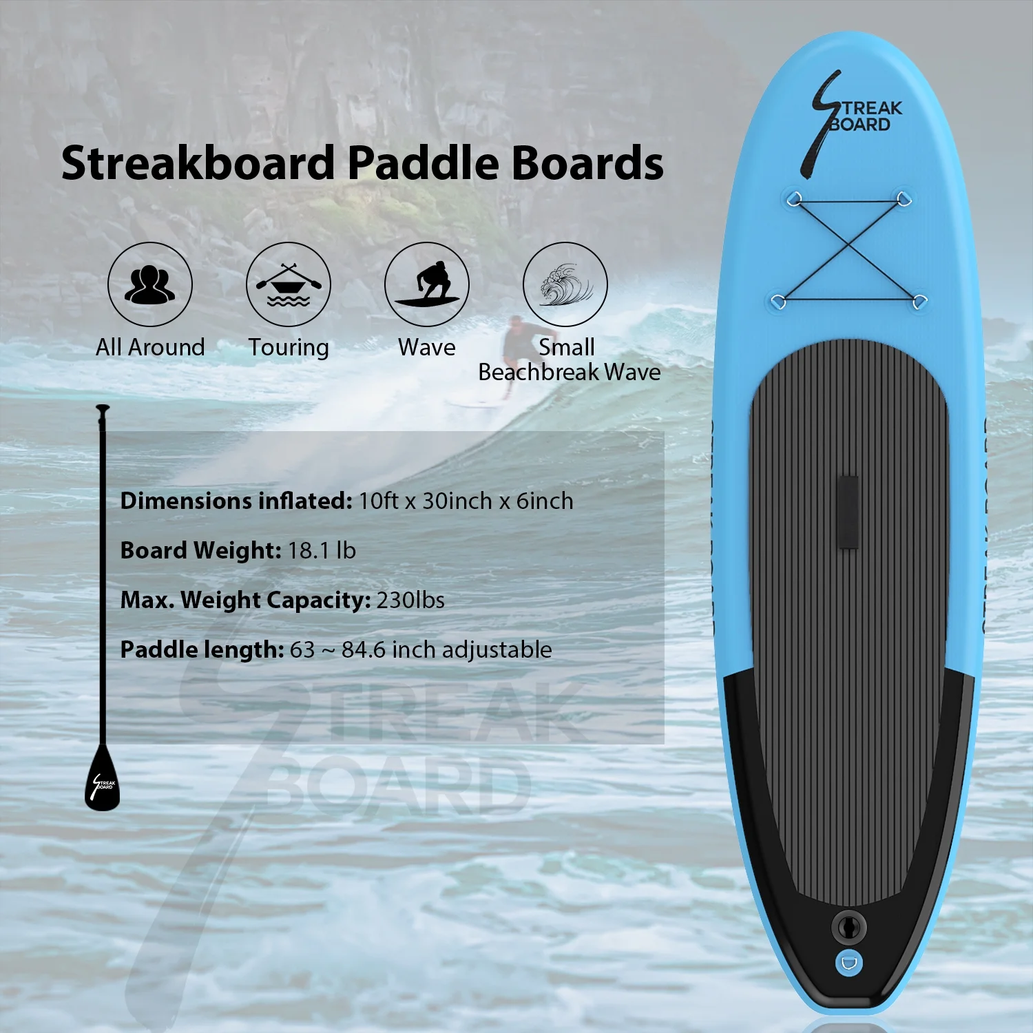 streakboard Inflatable Stand Up Paddle Board Non-Slip Deck with Backpack, Leash, Paddle, Hand Pump & Repair Kit