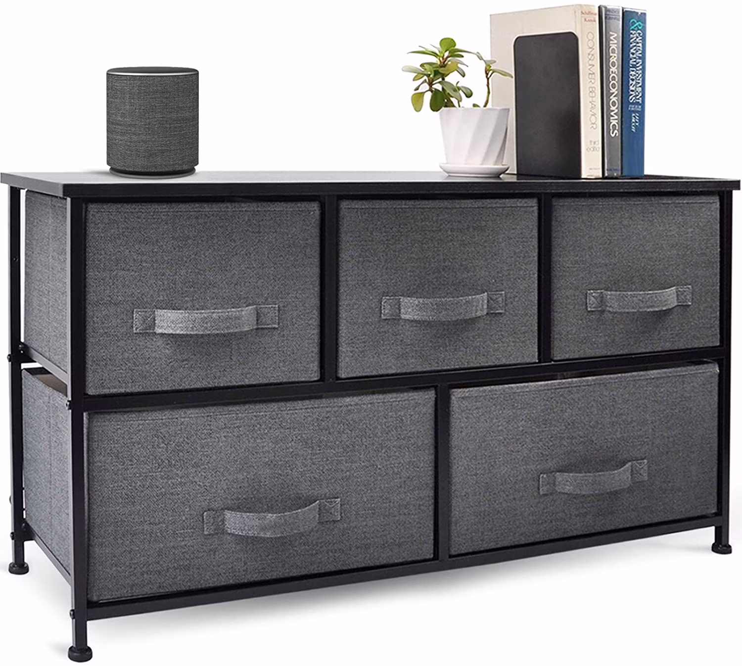 Wide Drawer Dresser Storage Organizer 5-Drawer Closet Shelves, Sturdy Steel Frame Wood Top With Easy Pull Fabric Bins For Clothing, Blankets - Rustic Brown