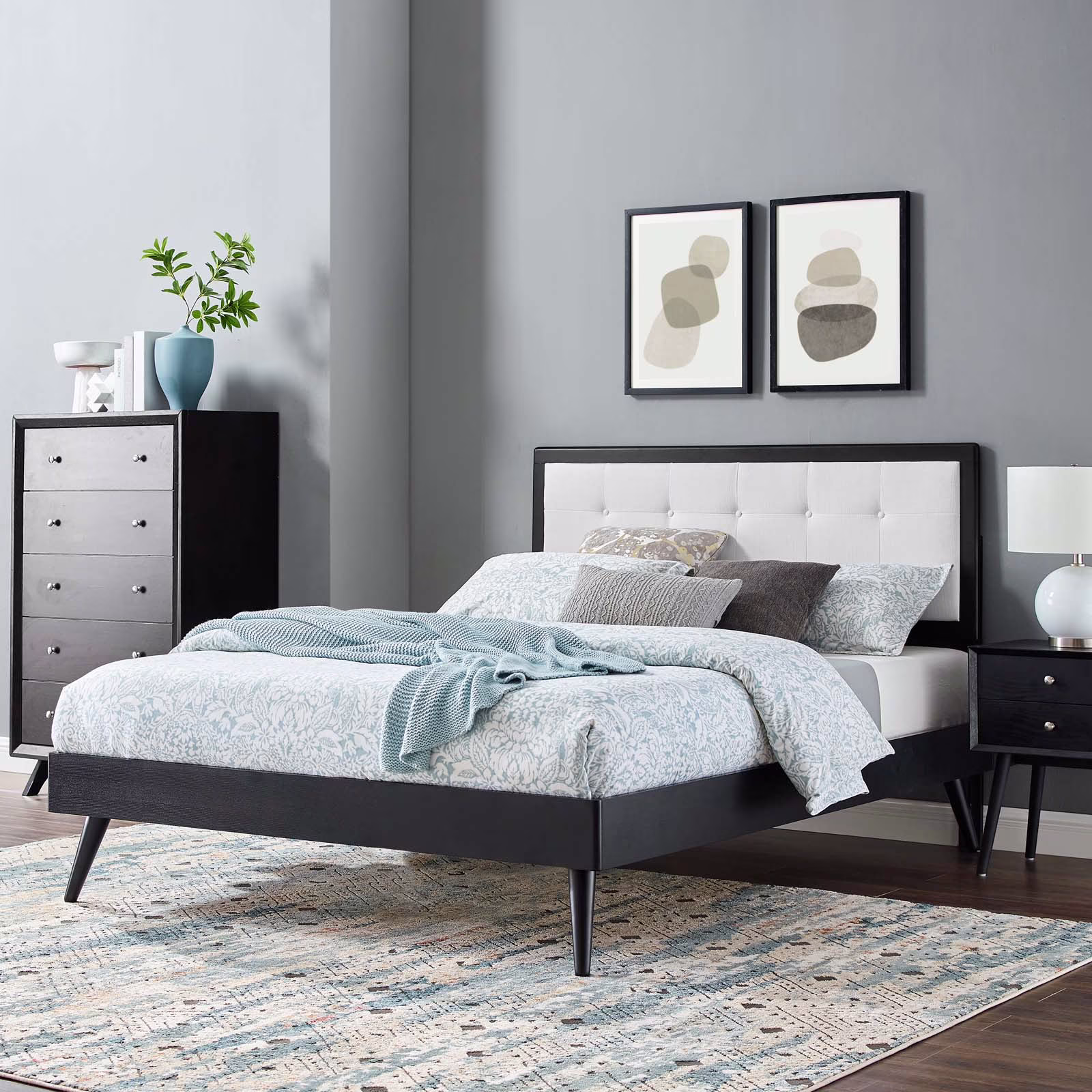 Modway Willow Twin Wood Platform Bed With Splayed Legs in Black White