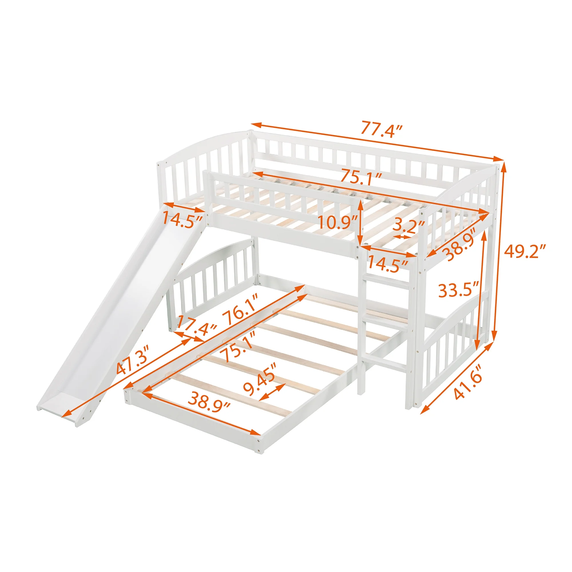 White Twin Over Twin Bunk Bed with Slide and Ladder