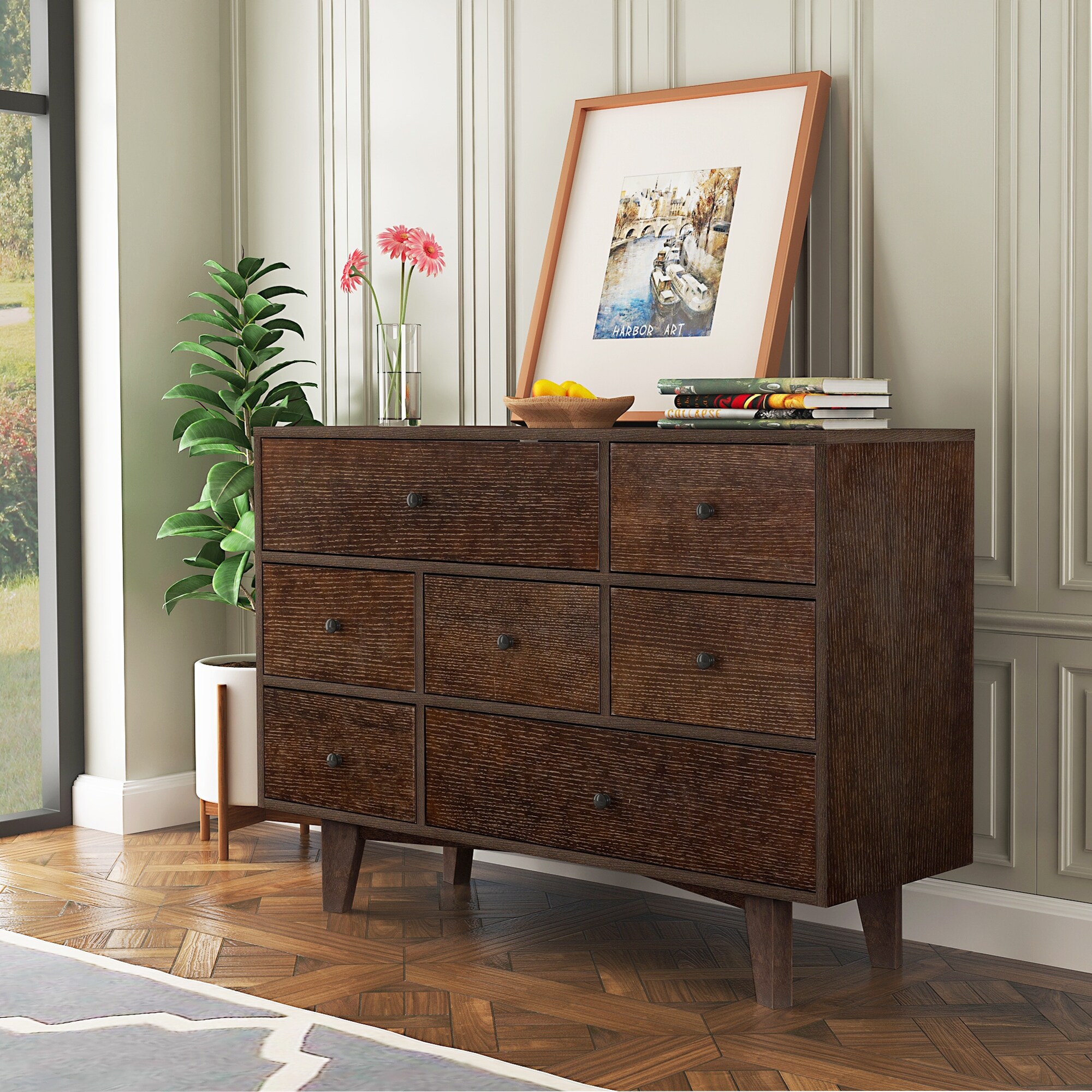 BESTCOSTY Retro Soild Wood 7 Drawers Dresser with Round Hndle