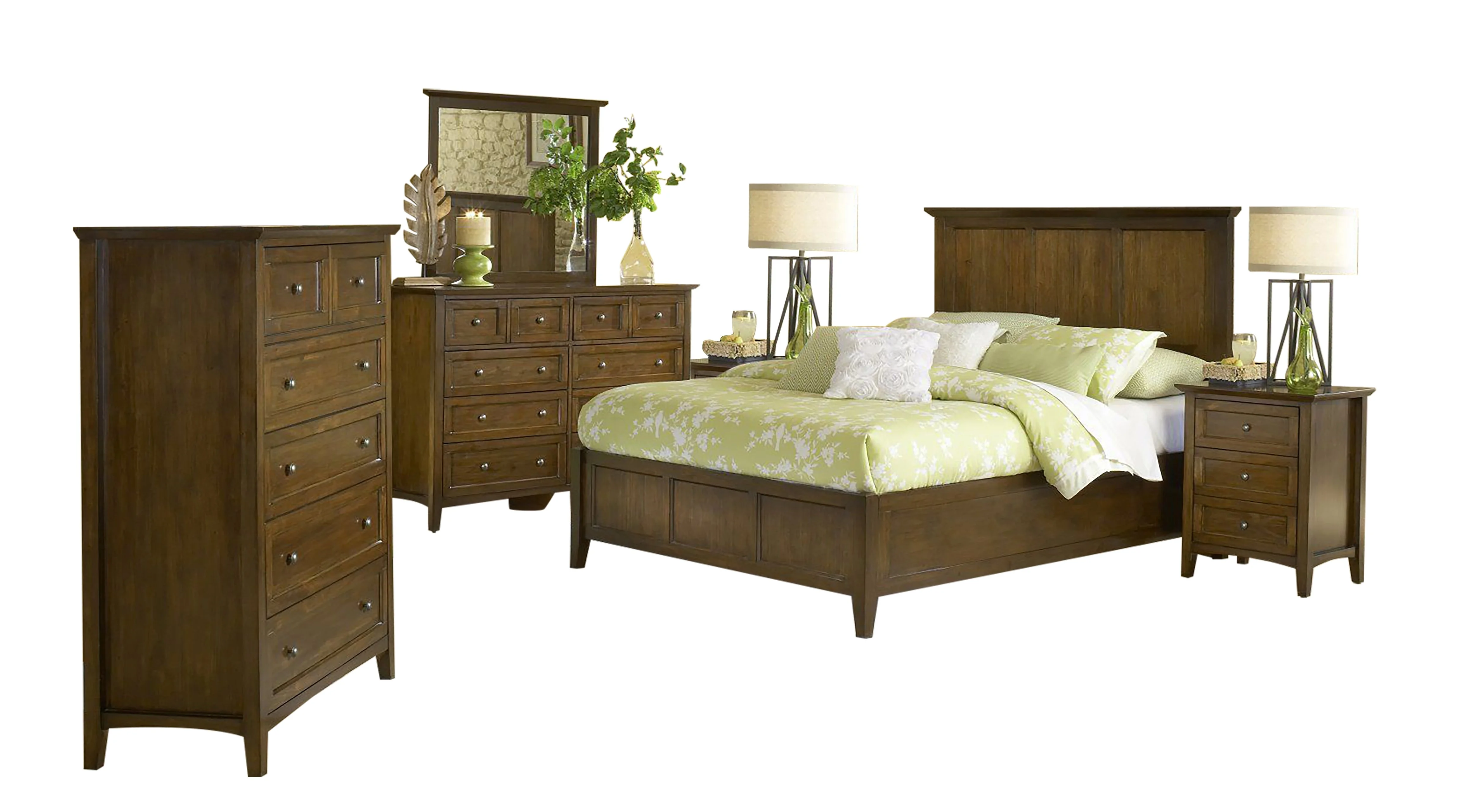 Pantego 6PC Queen Bed, 2 Nightstand, Dresser, Mirror & Chest Set in Pecan Mahogany