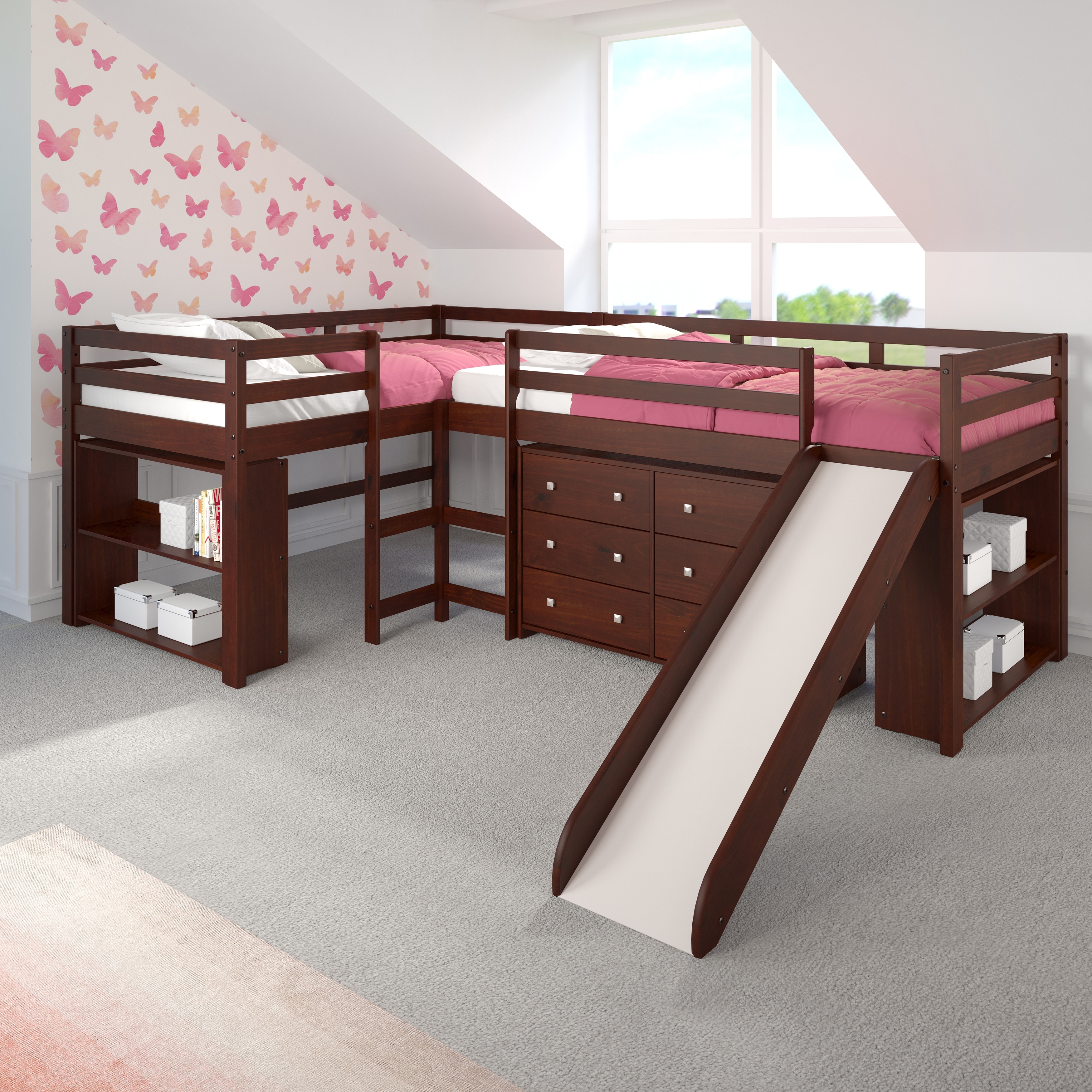 Double Twin L-Shaped Slide Loft Bedroom Set in Dark Cappuccino With 6 Drawer Chest and 2 Bookcases Dresser and Two Bookcases Cappuccino Finish