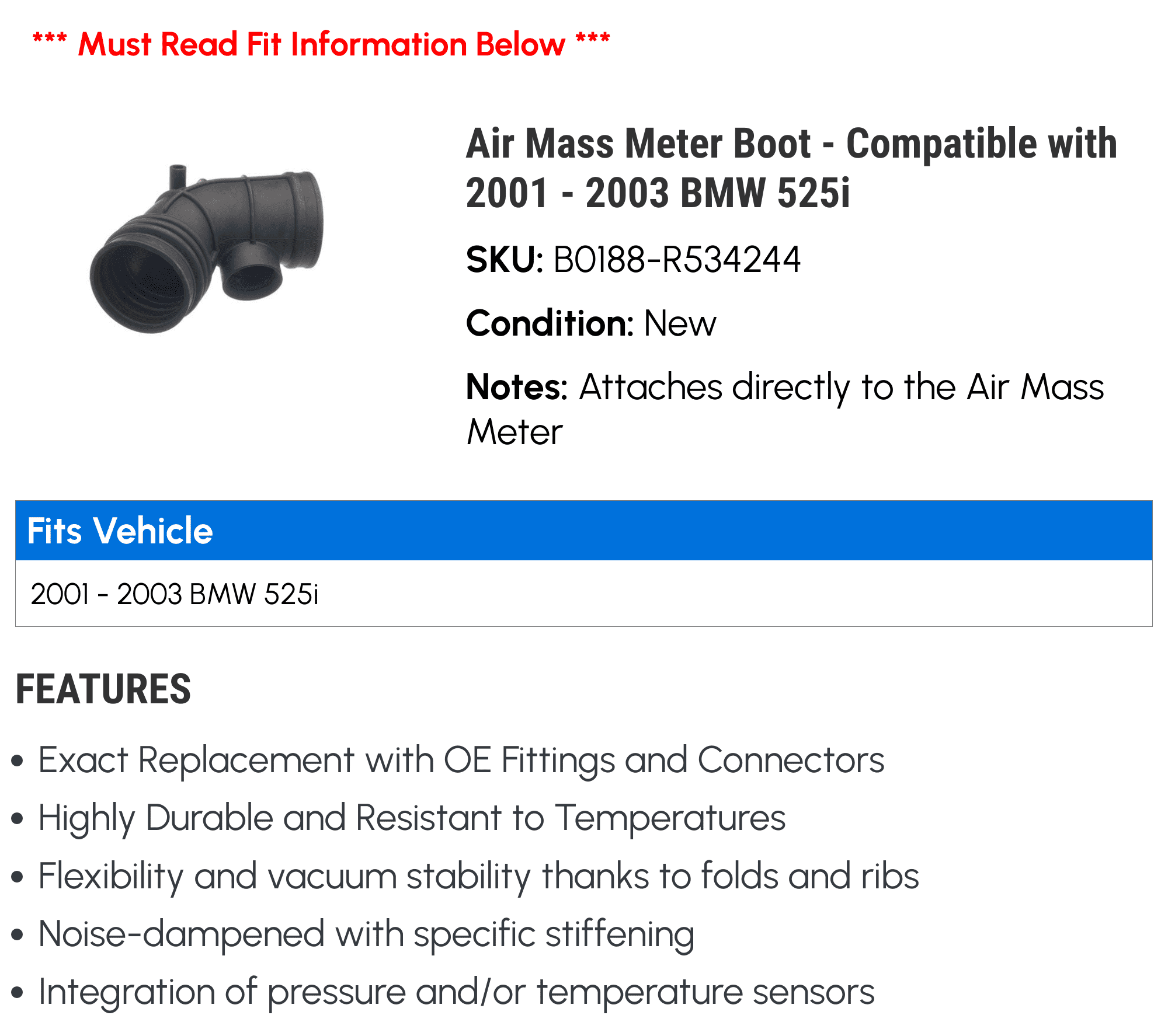 Air Mass Meter Boot - Compatible with 2001 - 2003 BMW 525i 2002