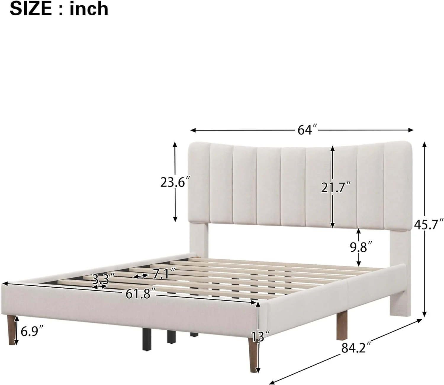 Queen Size Platform Bed Upholstered Platform Beds With Vertical Channel Tufted Headboard, Queen Bed Frame For Bed Room, No Box Spring Needed (Cream)