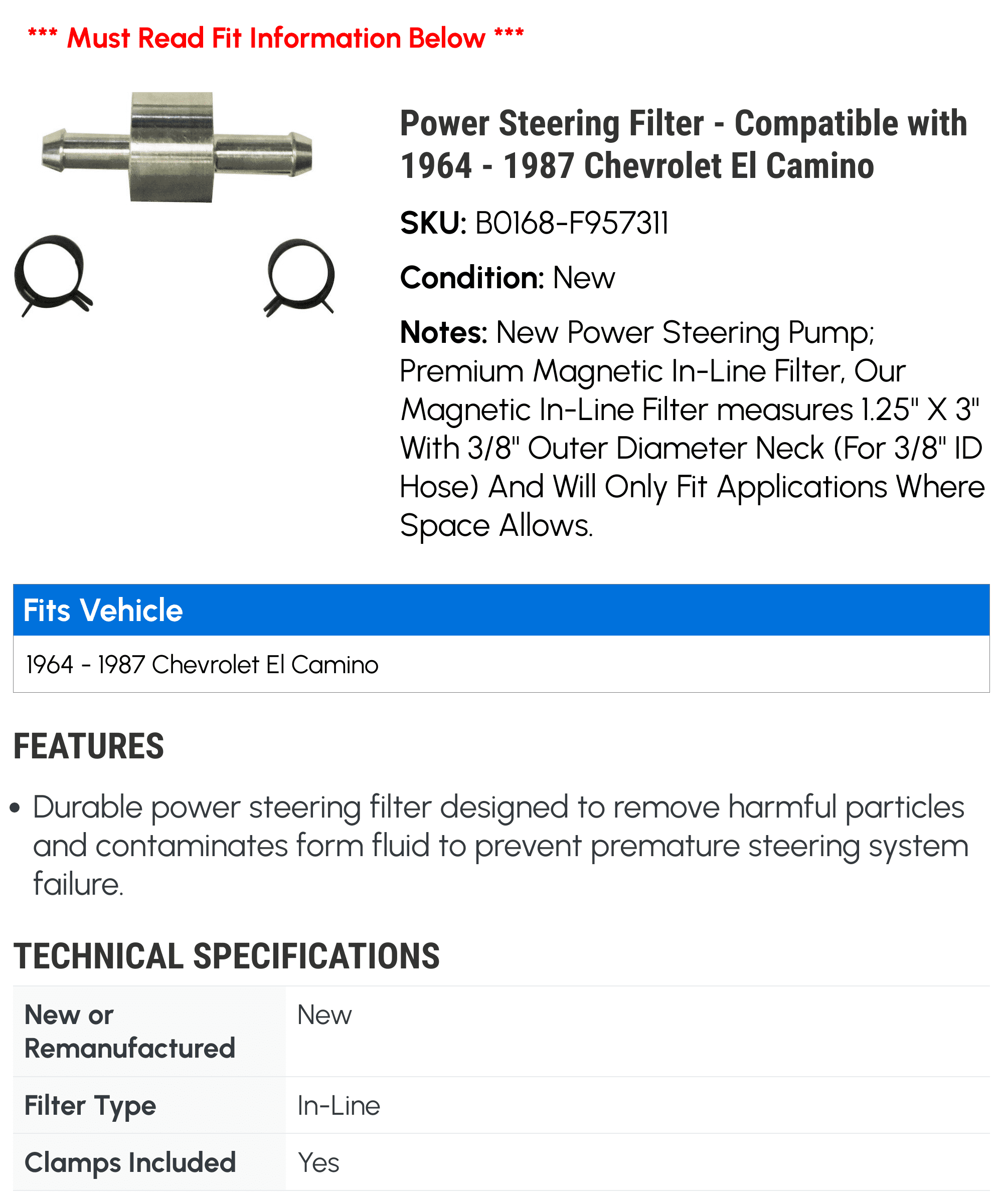 Power Steering Filter - Compatible with 1964 - 1987 Chevy El Camino 1965 1966 1967 1968 1969 1970 1971 1972 1973 1974 1975 1976 1977 1978 1979 1980 1981 1982 1983 1984 1985 1986