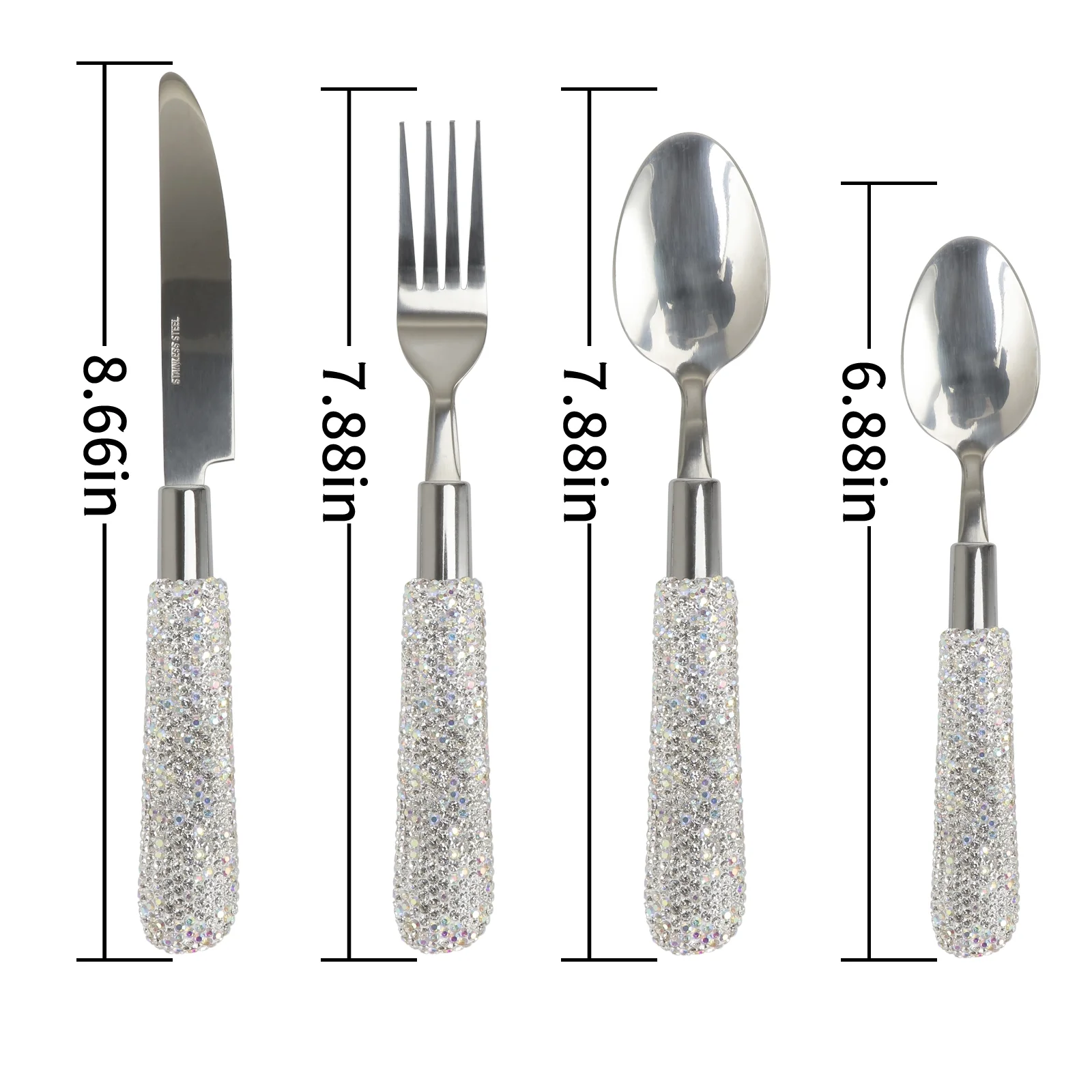 Bling Rhinestones Spoon Big and Small,Fork Set Stainless Steel 4 Pieces Flatware Cutlery Set Tableware Eating Utensil (White)
