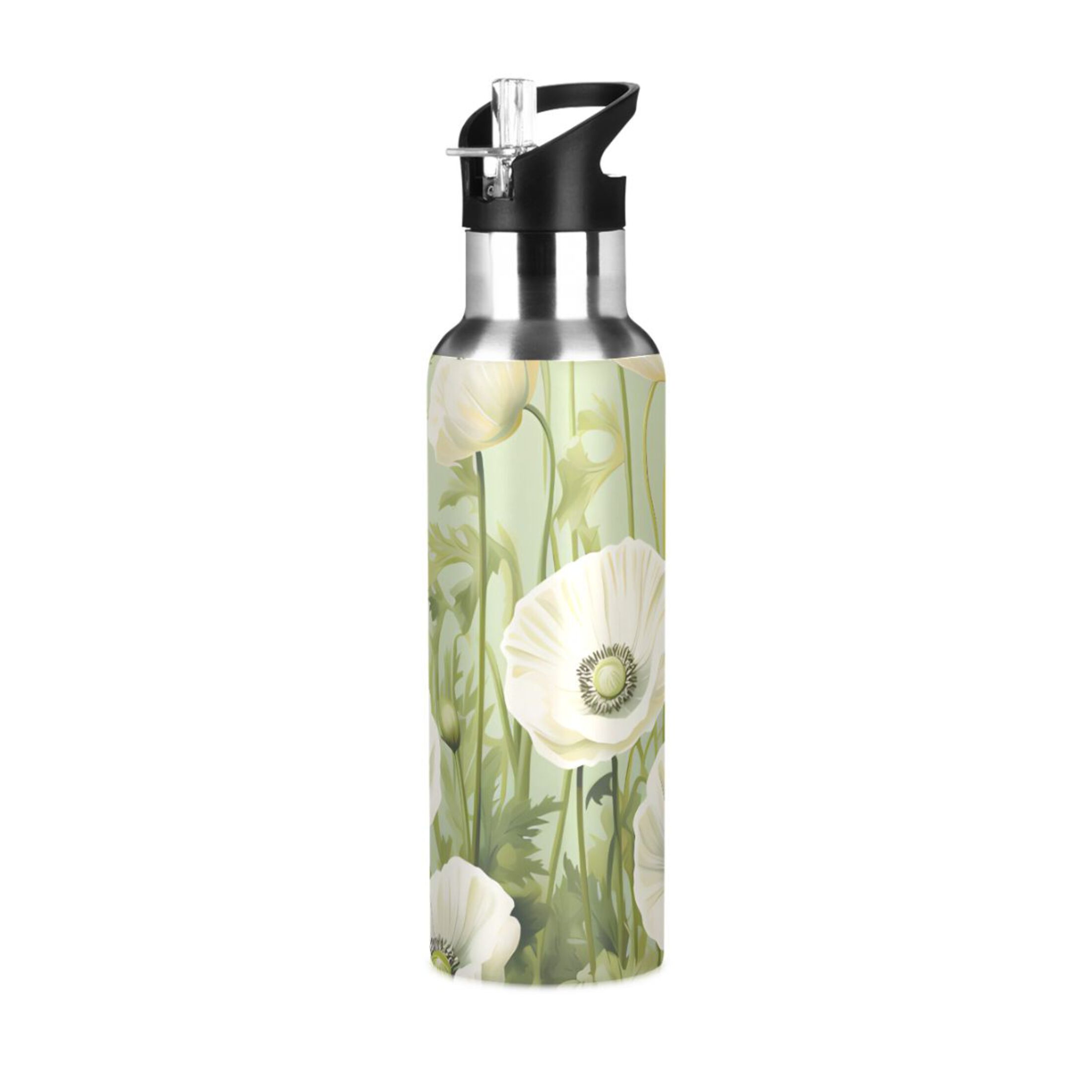 Poppy Flowers Water Bottles Insulated Thermos Kids Stainless Steel Bottle with Straw Lid Flask Leakproof for Sports Gym 20 oz