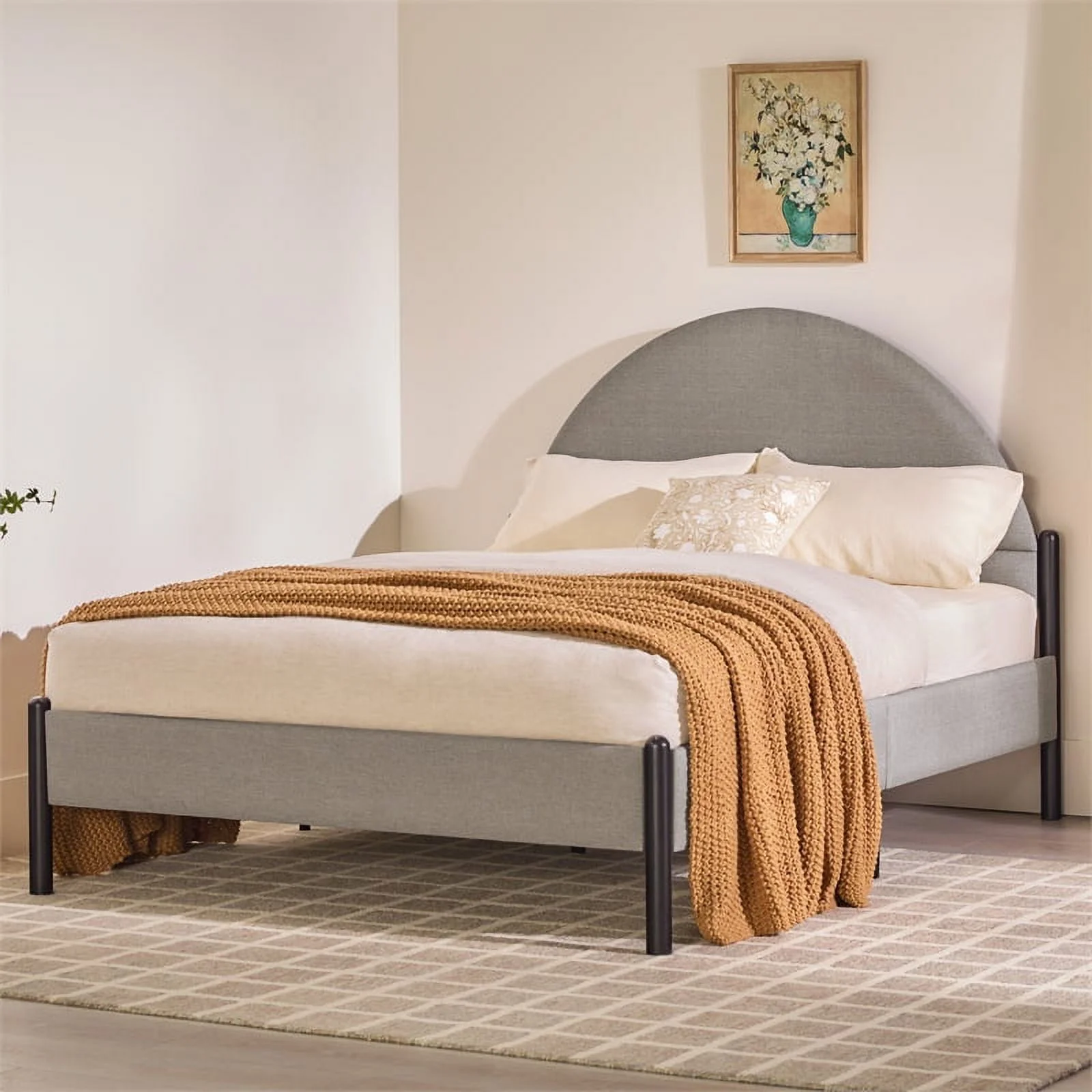 Pemberly Row Upholstered Metal Queen Bed with Arched Headboard in Gray