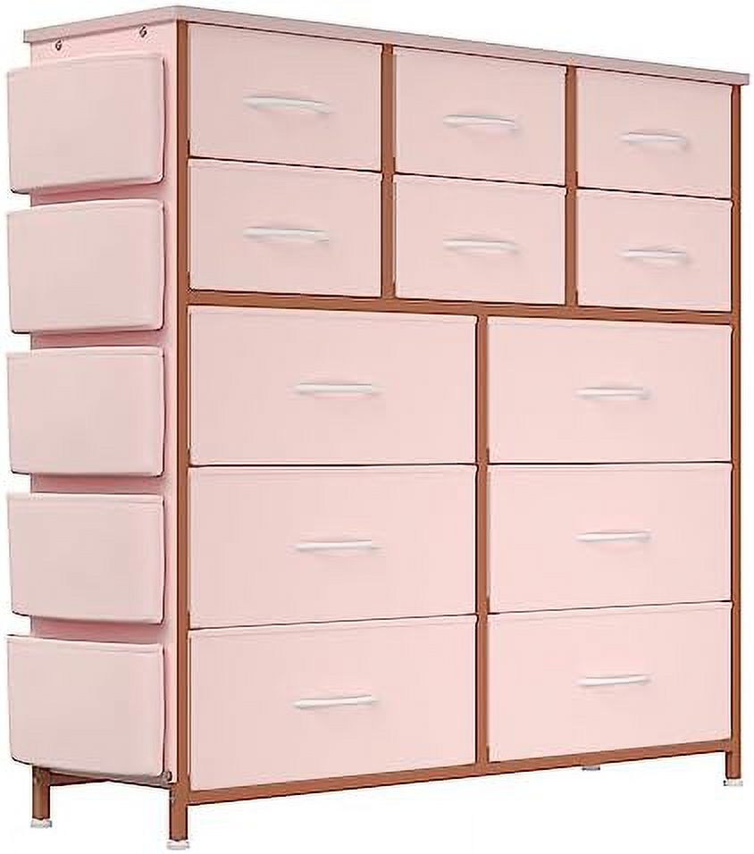 RUNFAYBIU 12 Drawer Dresser for Bedroom  Large Fabric  Tower  Chest of Drawers with Wooden Top and Sturdy Steel Frame  Tall Drawer with Adjustable Feet  Pink