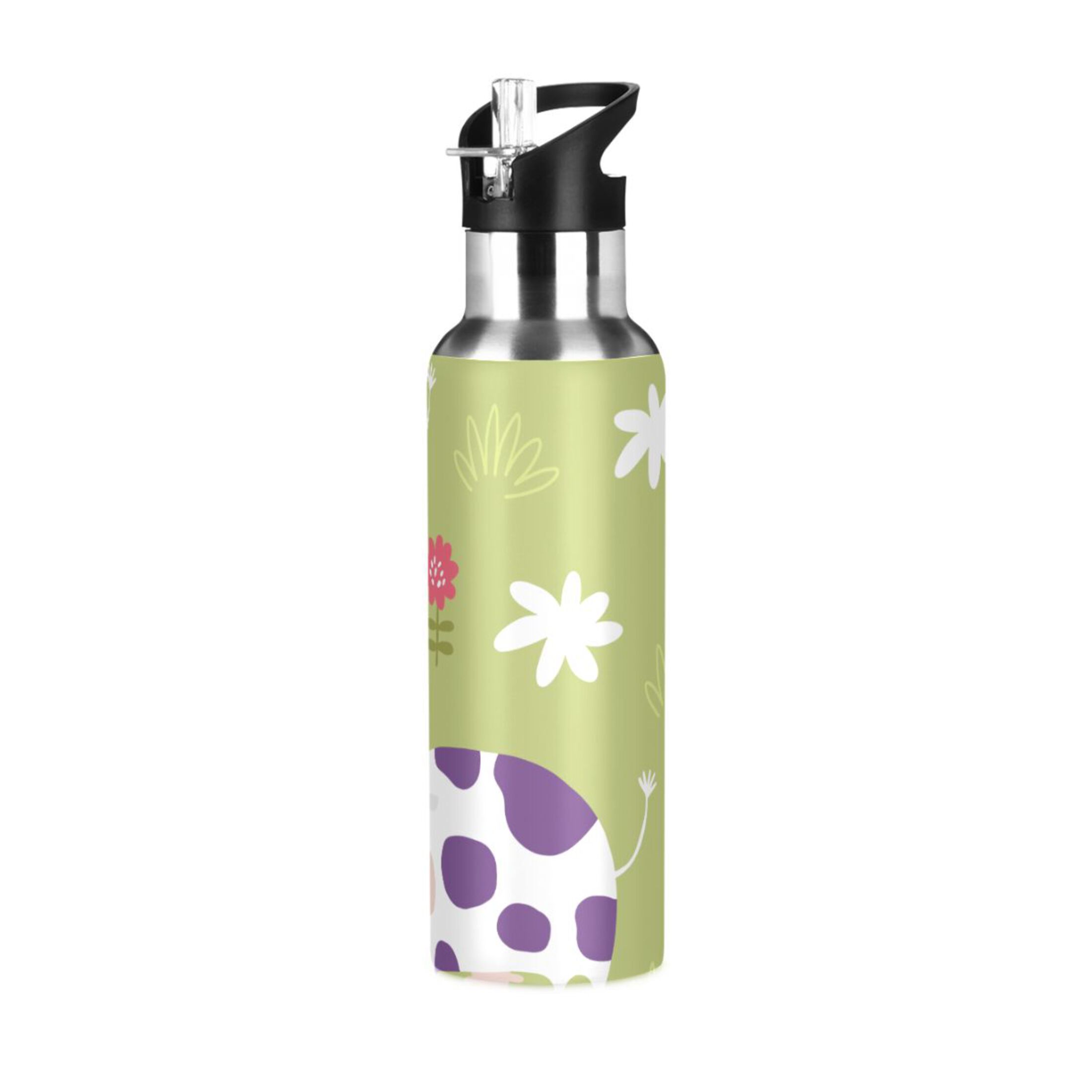 Stainless Steel Water Bottle Cow Flowers Green with Straw Lid Vacuum Insulated Leak Proof Flask Jug for Gym Travel Sports Cycling Outdoor 20 OZ