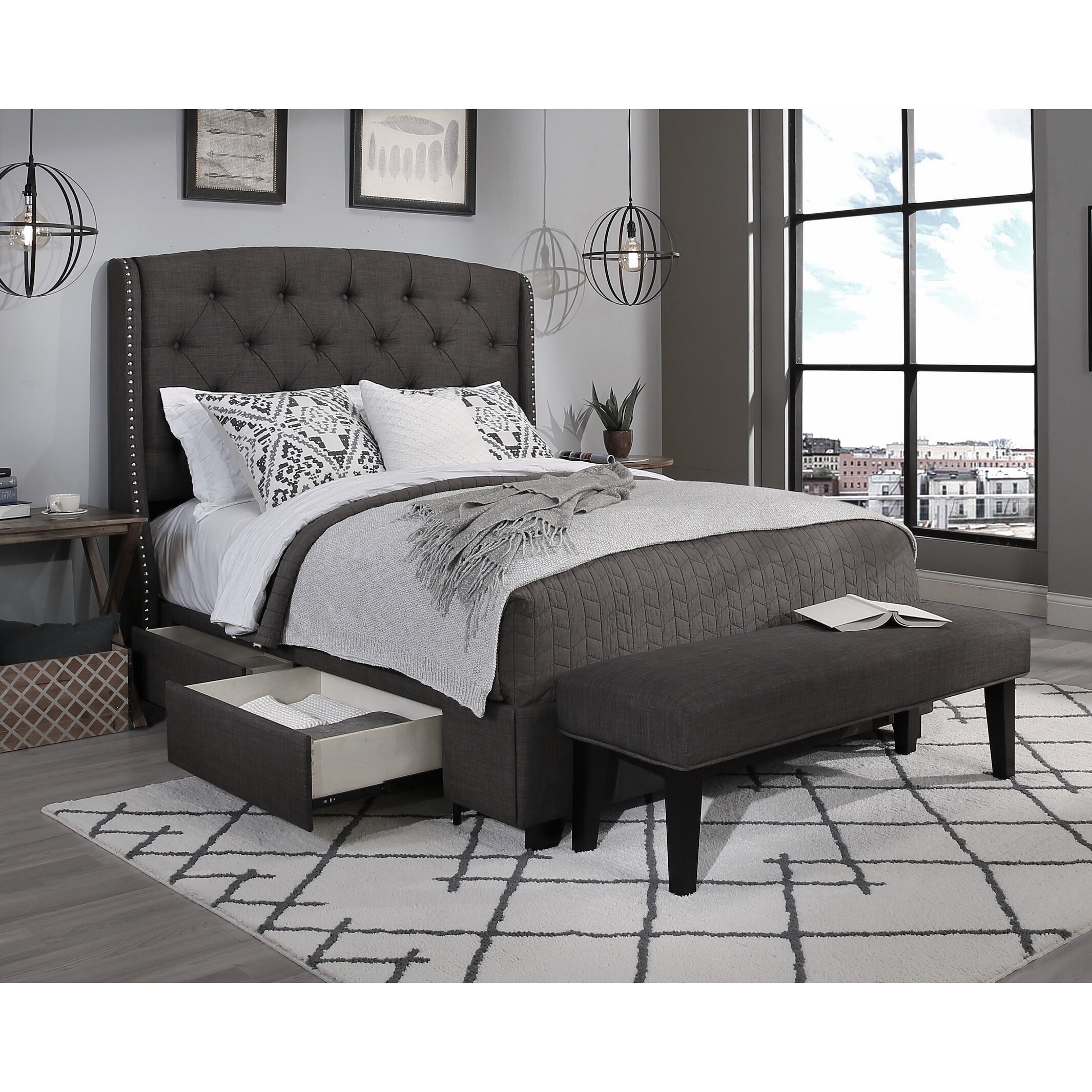Seahawk Designs, Inc. Republic Design House Steel-Core Peyton Storage Bed with Bench Grey California King