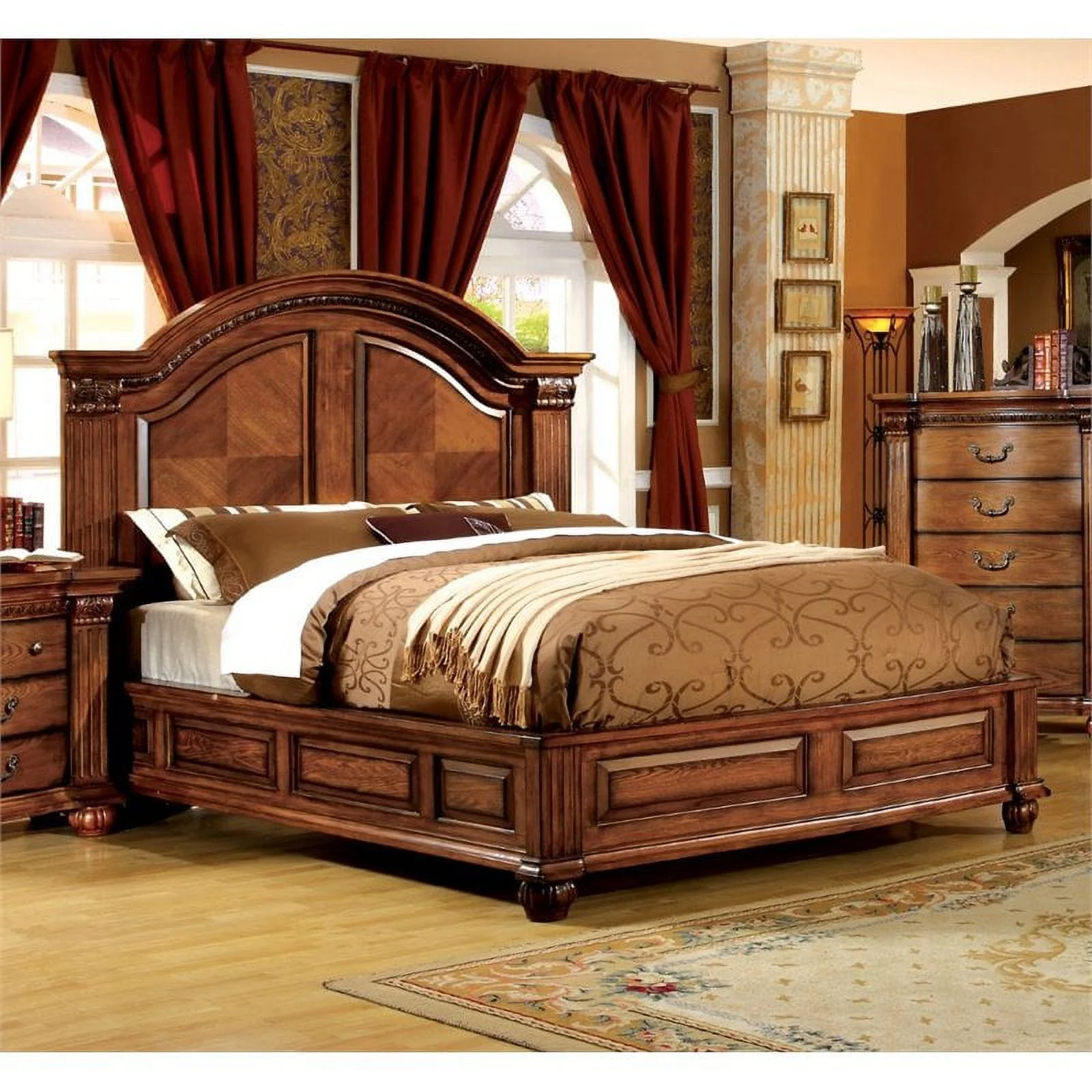 Kingfisher Lane Traditional Wood Queen Panel Bed in Antique Tobacco Oak