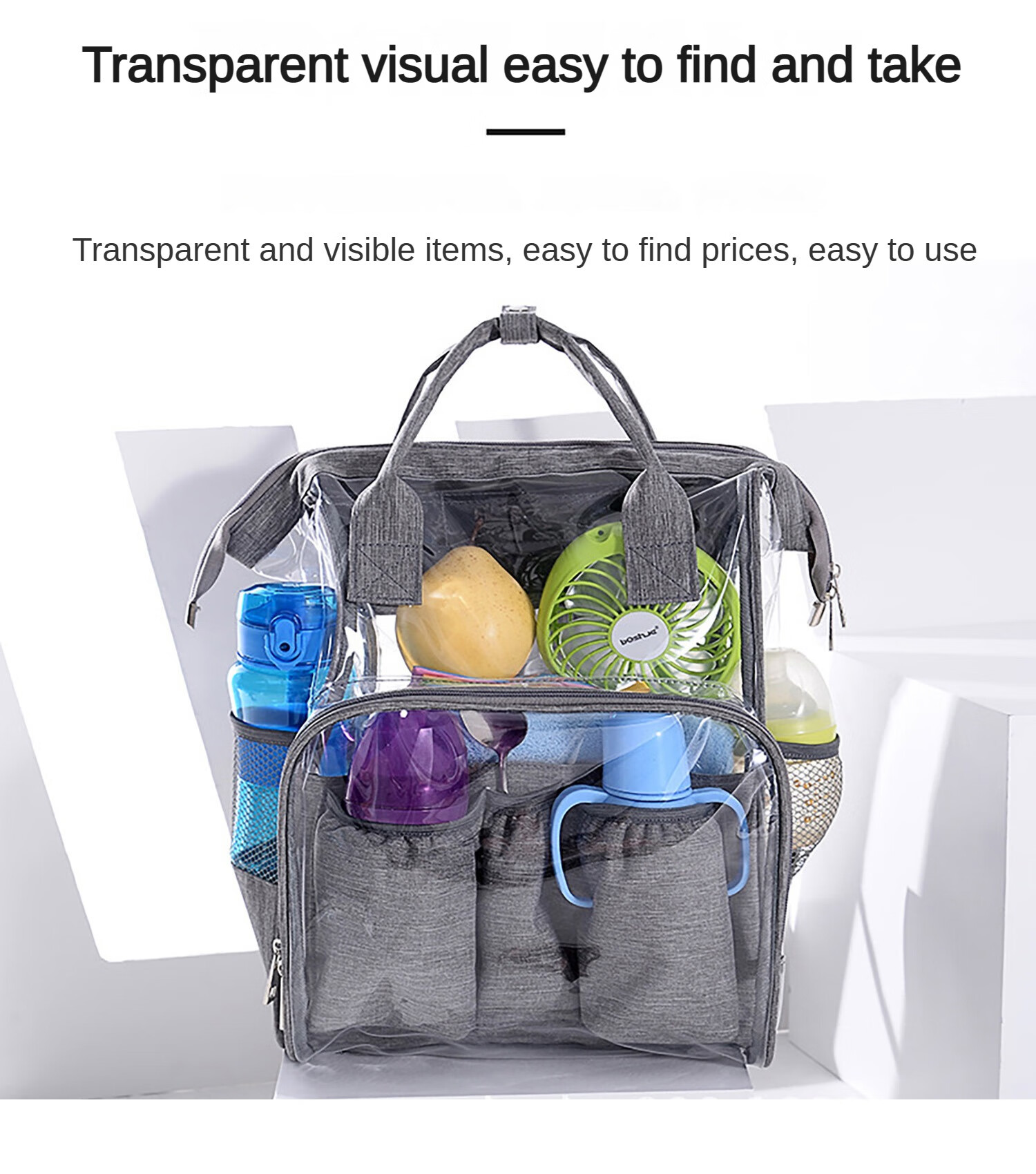 OLOEY Large-Capacity PVC Transparent Diaper Bag, Multi-Functional Waterproof Transparent Mother And Baby Bag, With Independent Bottle Insulation Bag (Black)