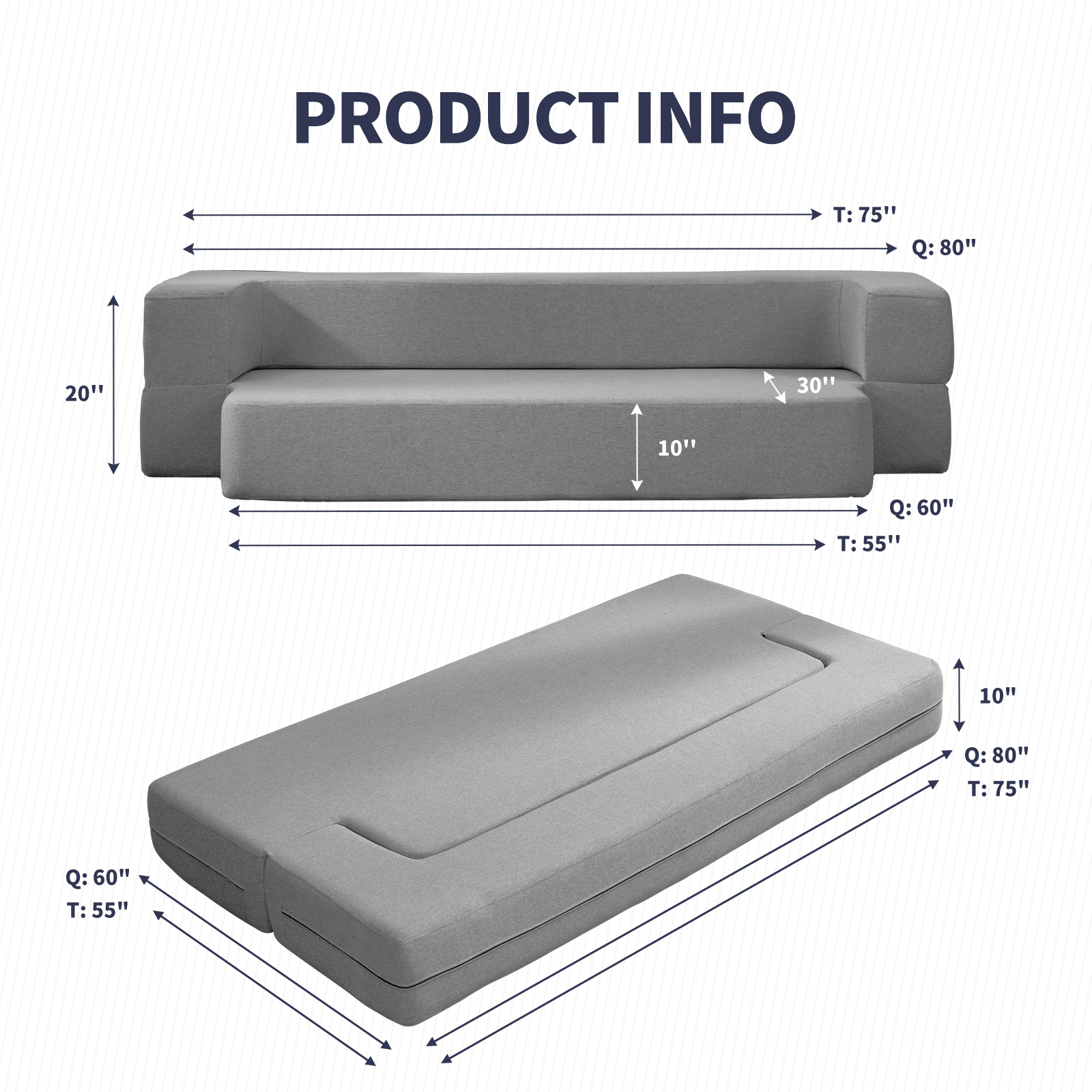 ijuicy Twin Size Foldable Sleeper Sofa Bed with Linen Upholstered, Convertible Sofa with 3 Ottomans, Fold Out Futon Sofa Bed with Memory Foam Mattress, Twin Size Floor Couch, Light Grey