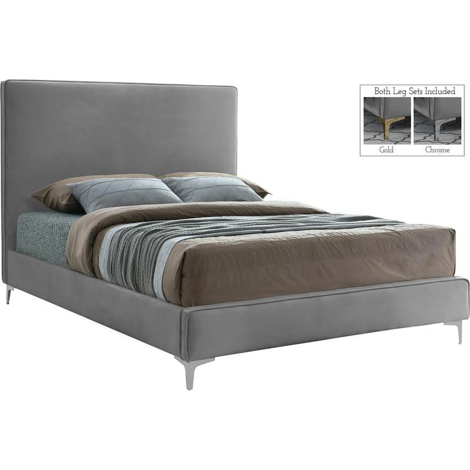 Meridian Furniture Geri Gray Velvet Queen Bed with Gold and Chrome Legs Included