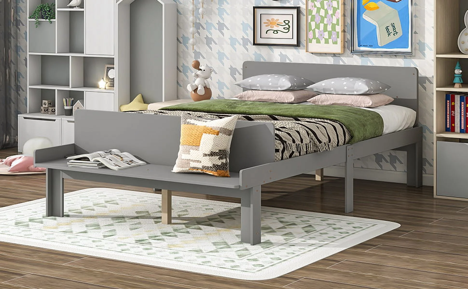 Bedside stool ,Full Bed with Footboard Bench,Grey