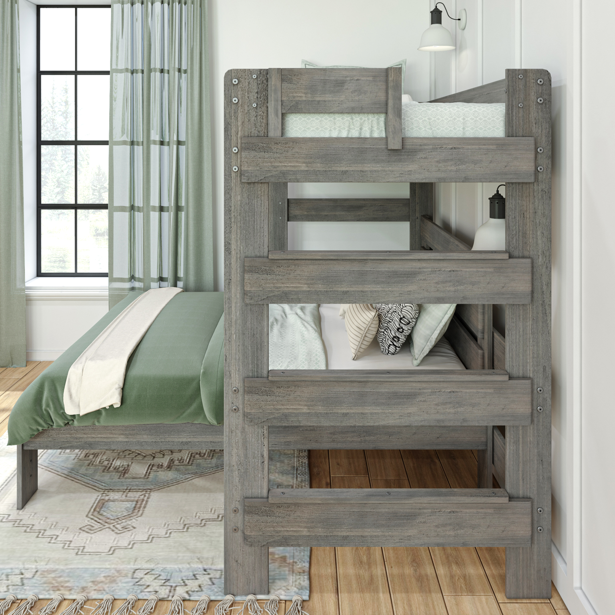 Max & Lily Solid Wood Loft Bed, Modern Farmhouse L-Shaped Twin over Full Bed Frame for Kids, Driftwood