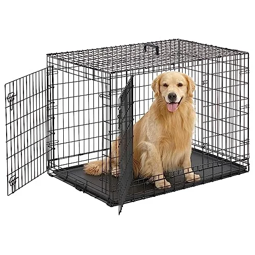 48 Inches Dog Crate Large Foldable Dog Kennel Metal Wire Pet Dog Cage with Double-Door Leak-Proof Tray Divider Panel and Handle for Dog Cat Pet,Black 48”X31”X29”