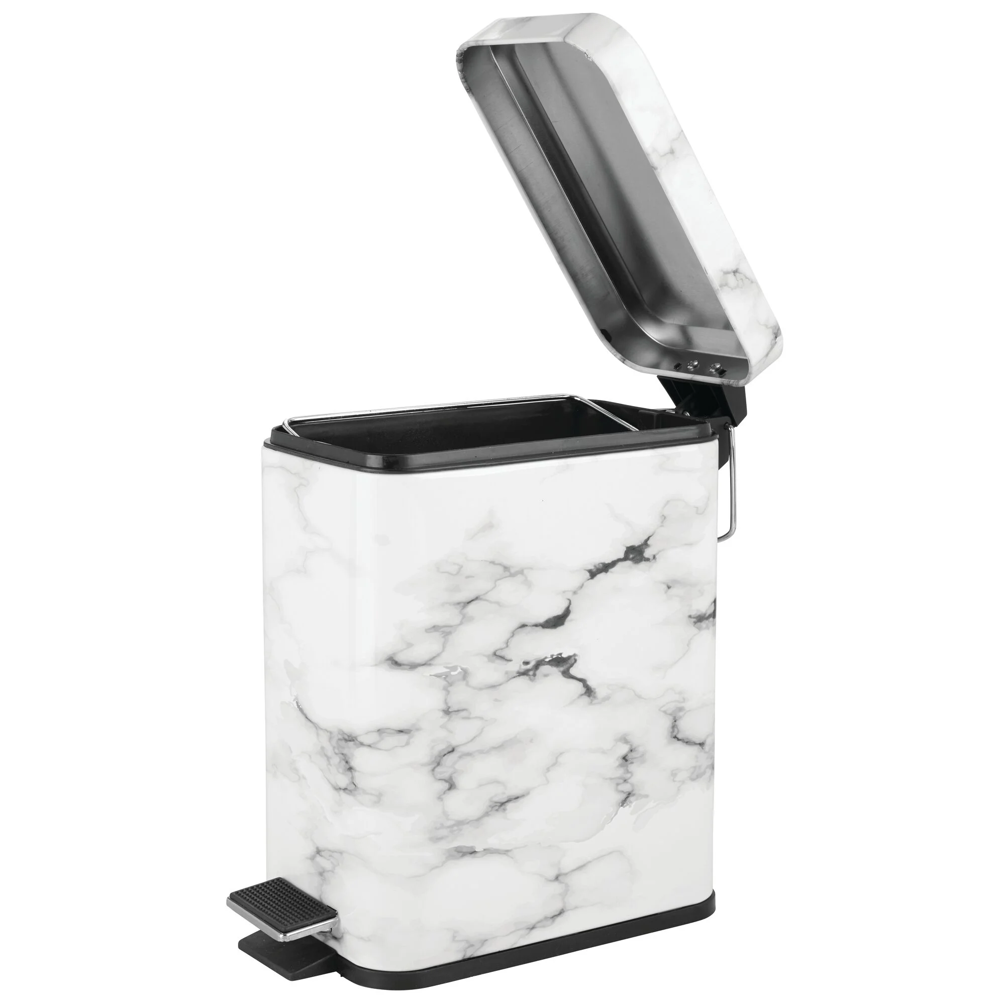 mDesign  1.3 Gallon Rectangle Metal Step Can, Liner/Handle, White Marble