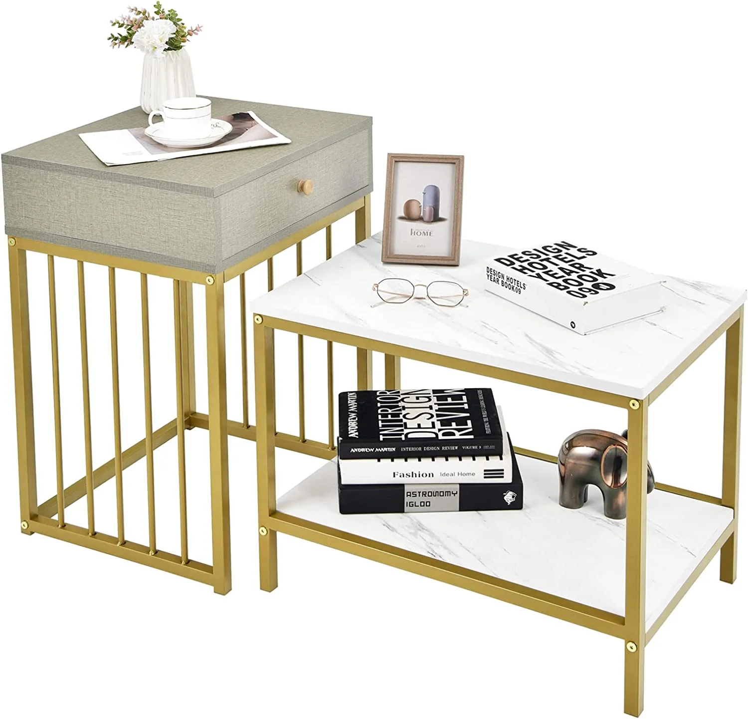 Nesting Coffee Table Set of 2, Rectangular Modern Stacking Living Room Accent Cocktail Tables, 2 in 1 Space-Saving End Table w/Drawer, Sofa Side Tables w/Faux Marble & Linen-Like Top