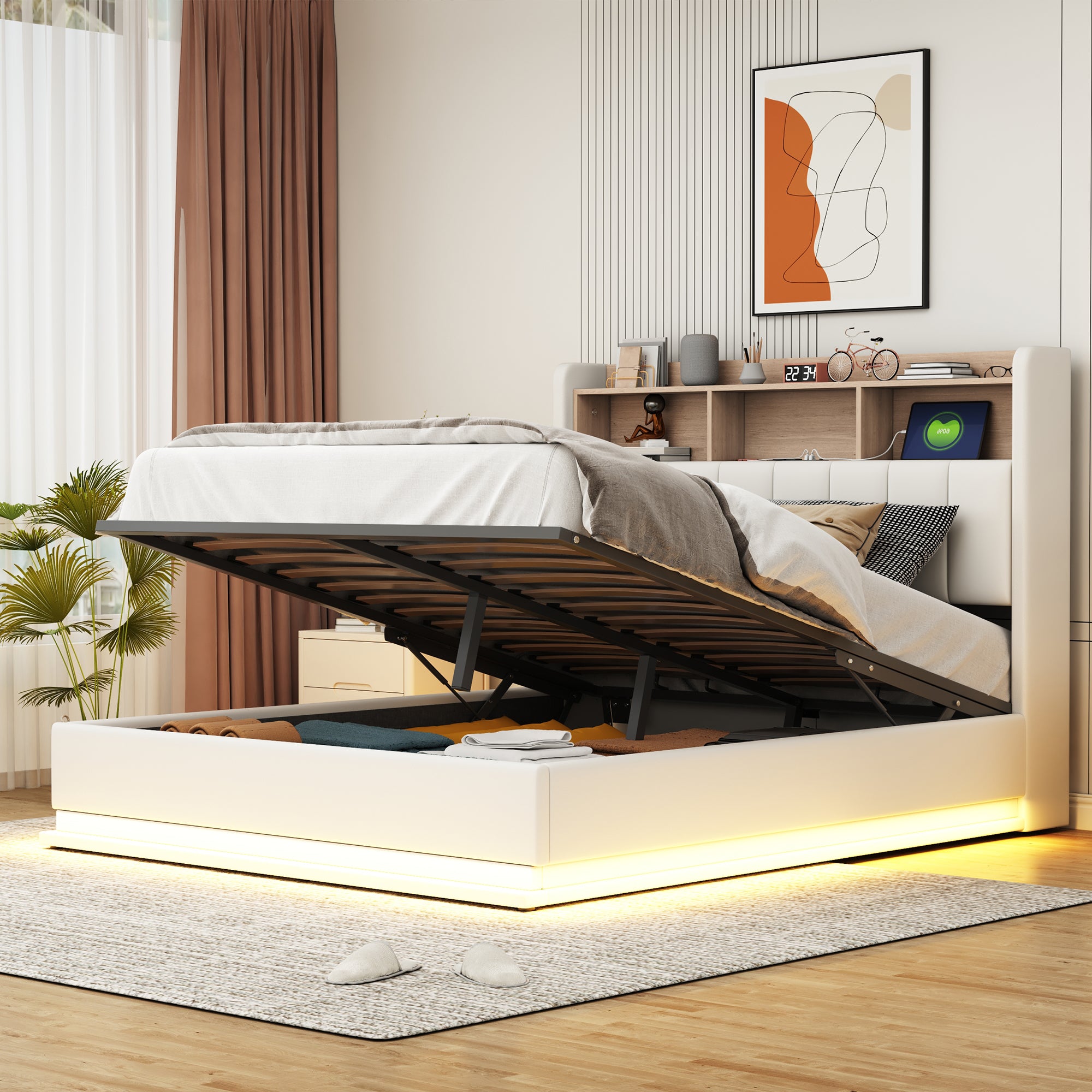 Pak Queen Size Platform Bed with Storage Headboard - Black