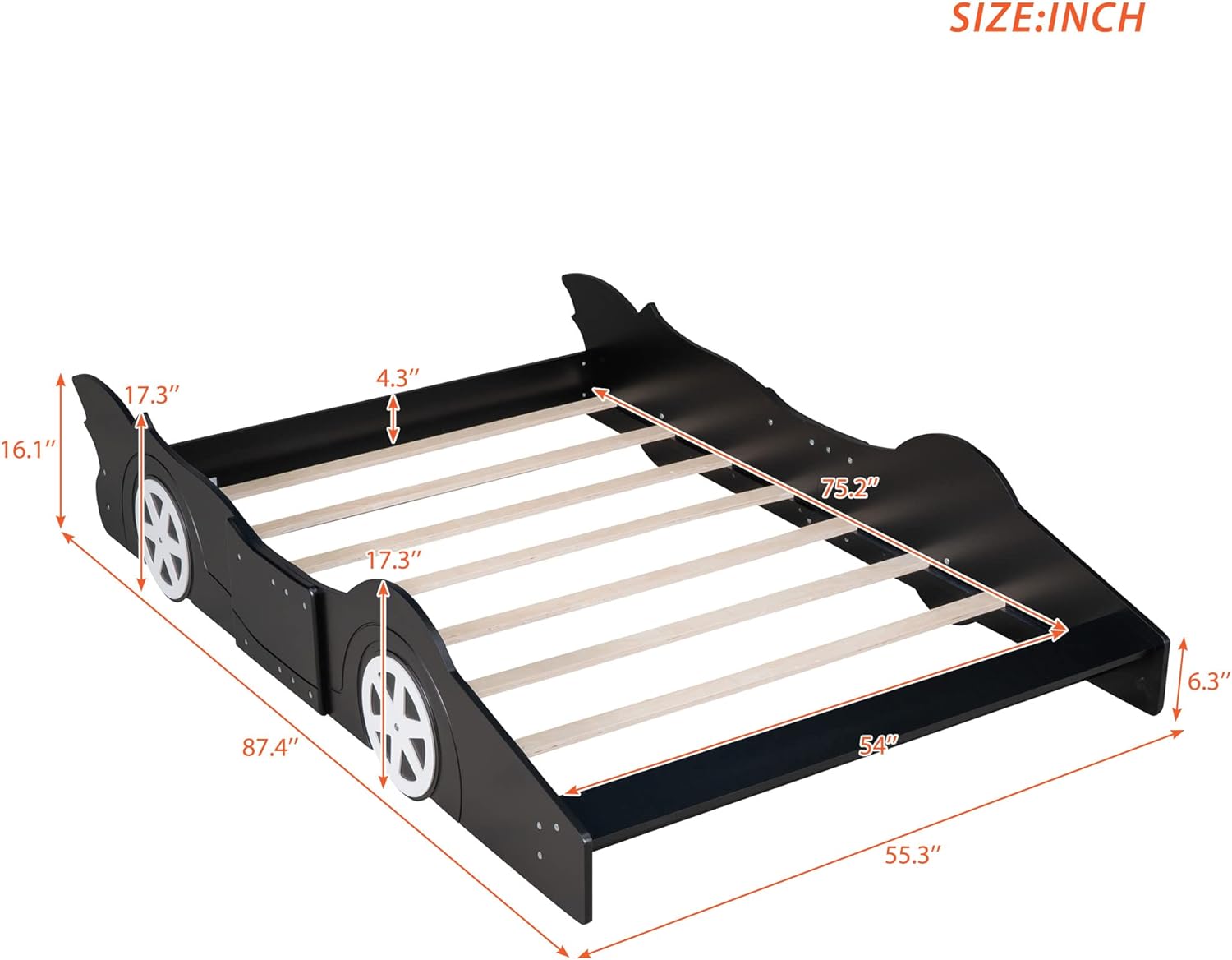 Full Size Race Car Shaped Platform Bed, Wooden Platform Bed Frame With Support Slats, Full Car Bed For Kids Boys, No Box Spring Needed, Black