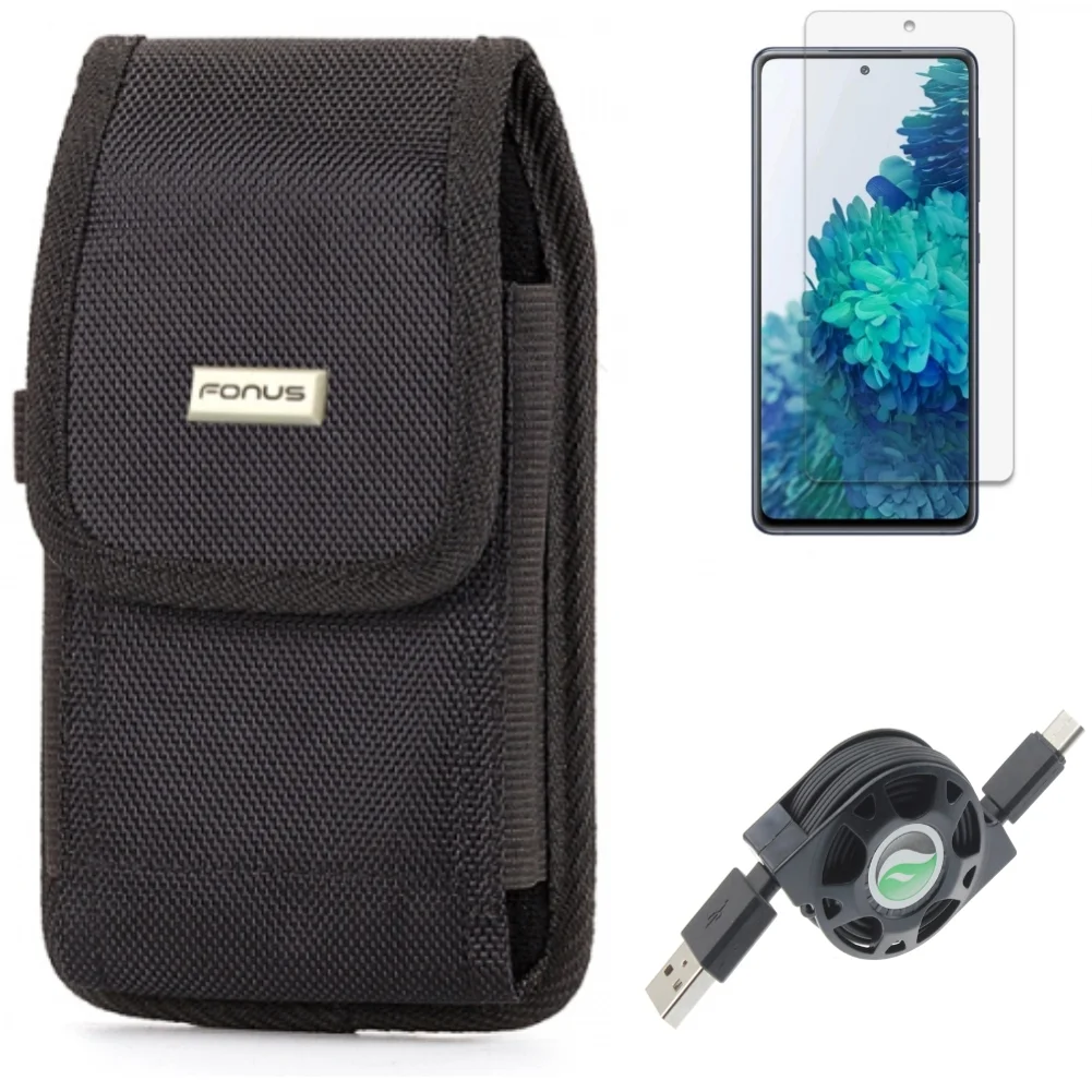 USB Cable & Screen Protector & Case Belt Clip for Samsung Galaxy S20 Fan Edition - Retractable Type-C + Anti-Glare Tempered Glass + Swivel Holster Combo