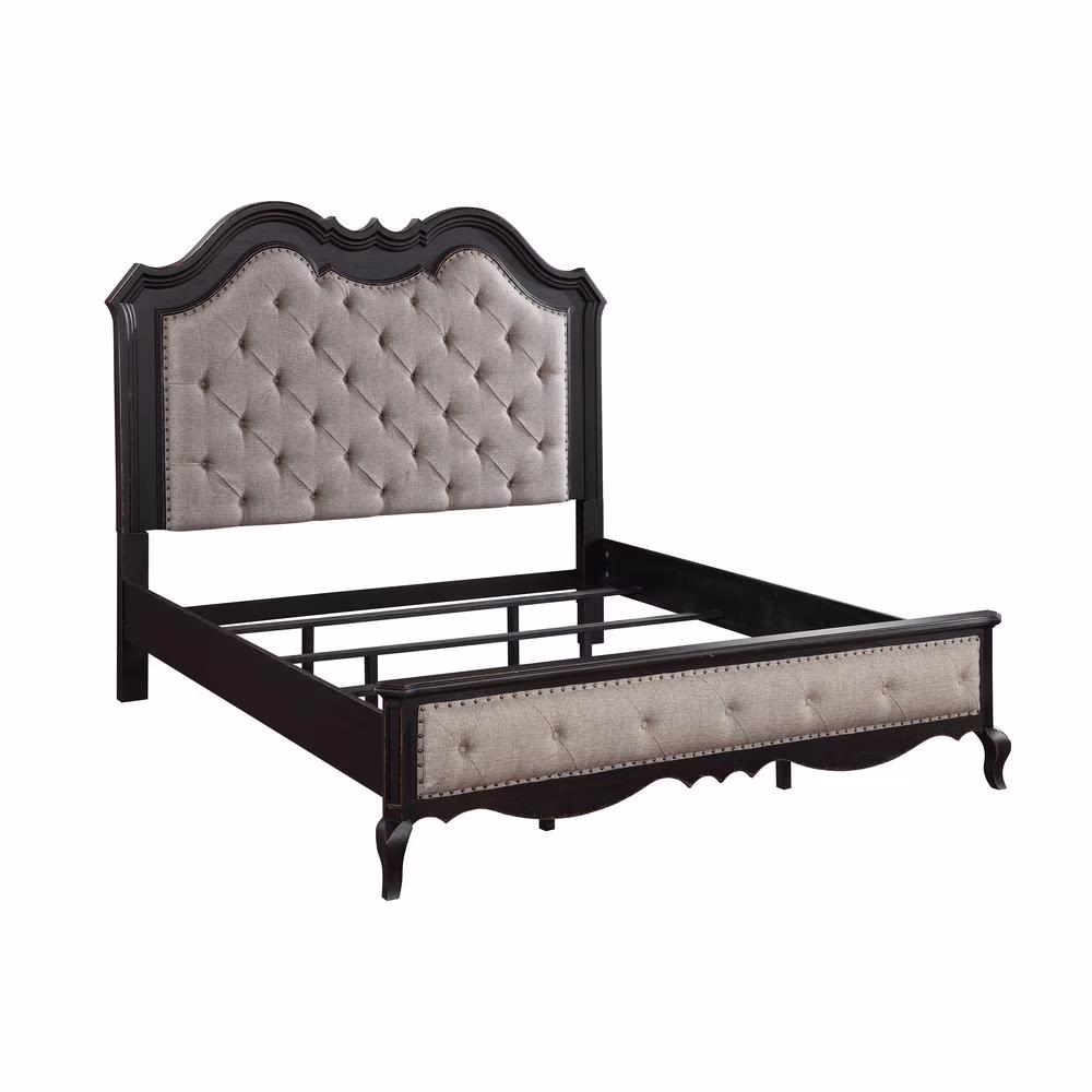 ACME Chelmsford Tufted Fabric & Wood Queen Bed in Beige/Antique Black