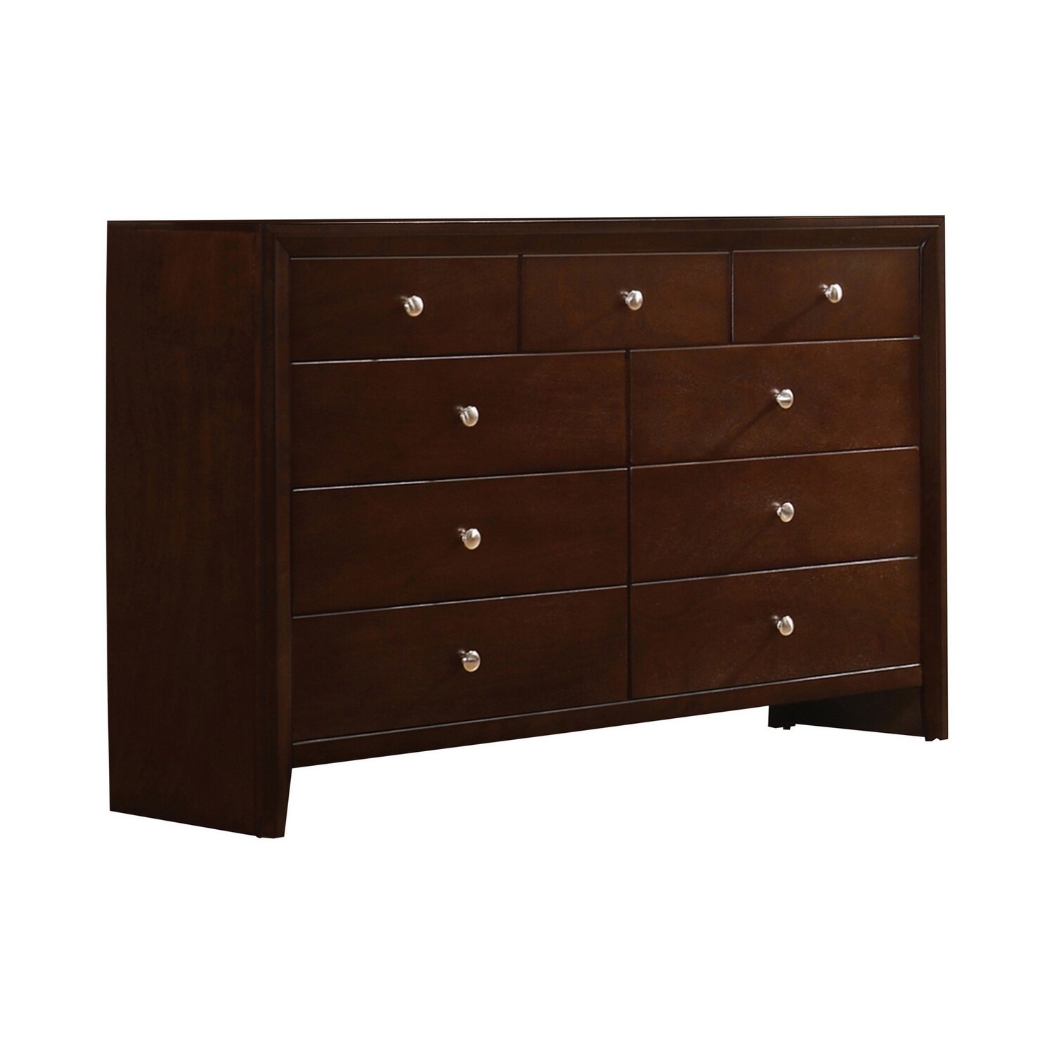 Benjara Edw 55 Inch Classic Wide Dresser, 9 Drawers with Silver Knobs, Merlot Brown