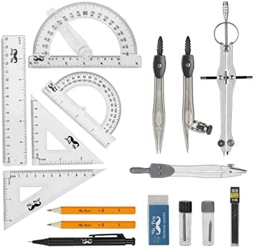 Mr. Pen Geometry Set with 6 Inch Swing Arm Protractor, Divider, Set Squares, Ruler, Compasses and Protractor, 15 Piece Set