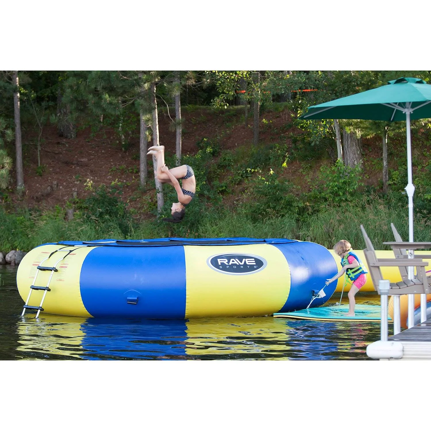 Rave Sport Aqua Jump Eclipse 120 Water Trampoline with Ladder, Blue and Yellow