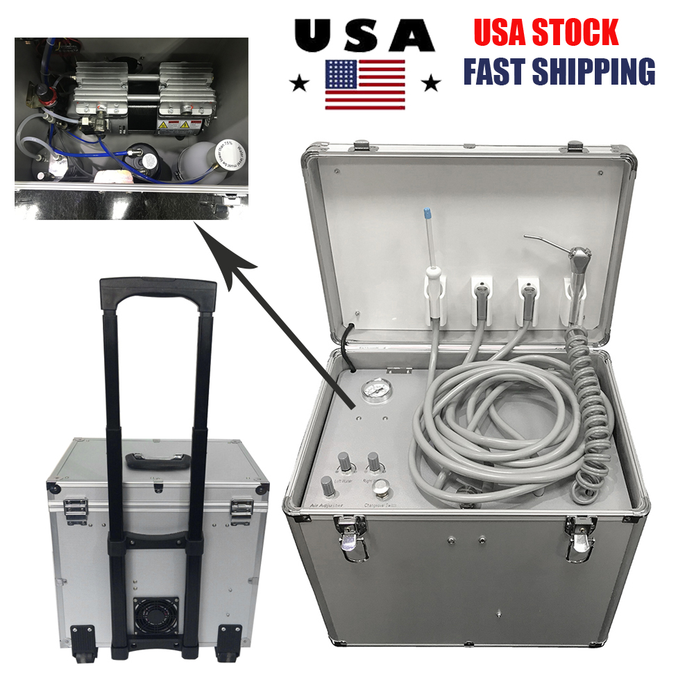 Portable Mobile Dental Delivery Unit Treatment Rolling Case 550W 3 Way Syringe Suction System Air Compressor 4 Hole
