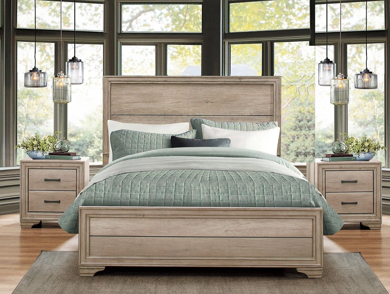 Contemporary 3pc Bedroom Set Eastern King Size Bed and Two Nightstands Natural Finish Bedroom Furniture